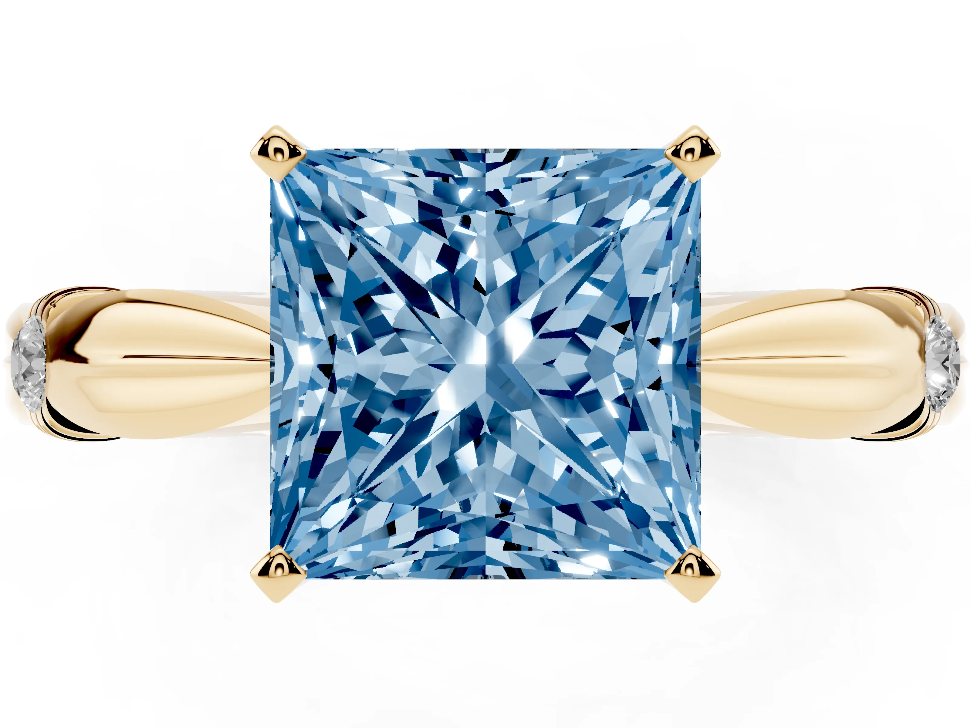 Fancy Blue Princess Cut Diamond Solitaire Twisted Band Ring Set in Yellow gold with Accent Stones and Prong Setting
