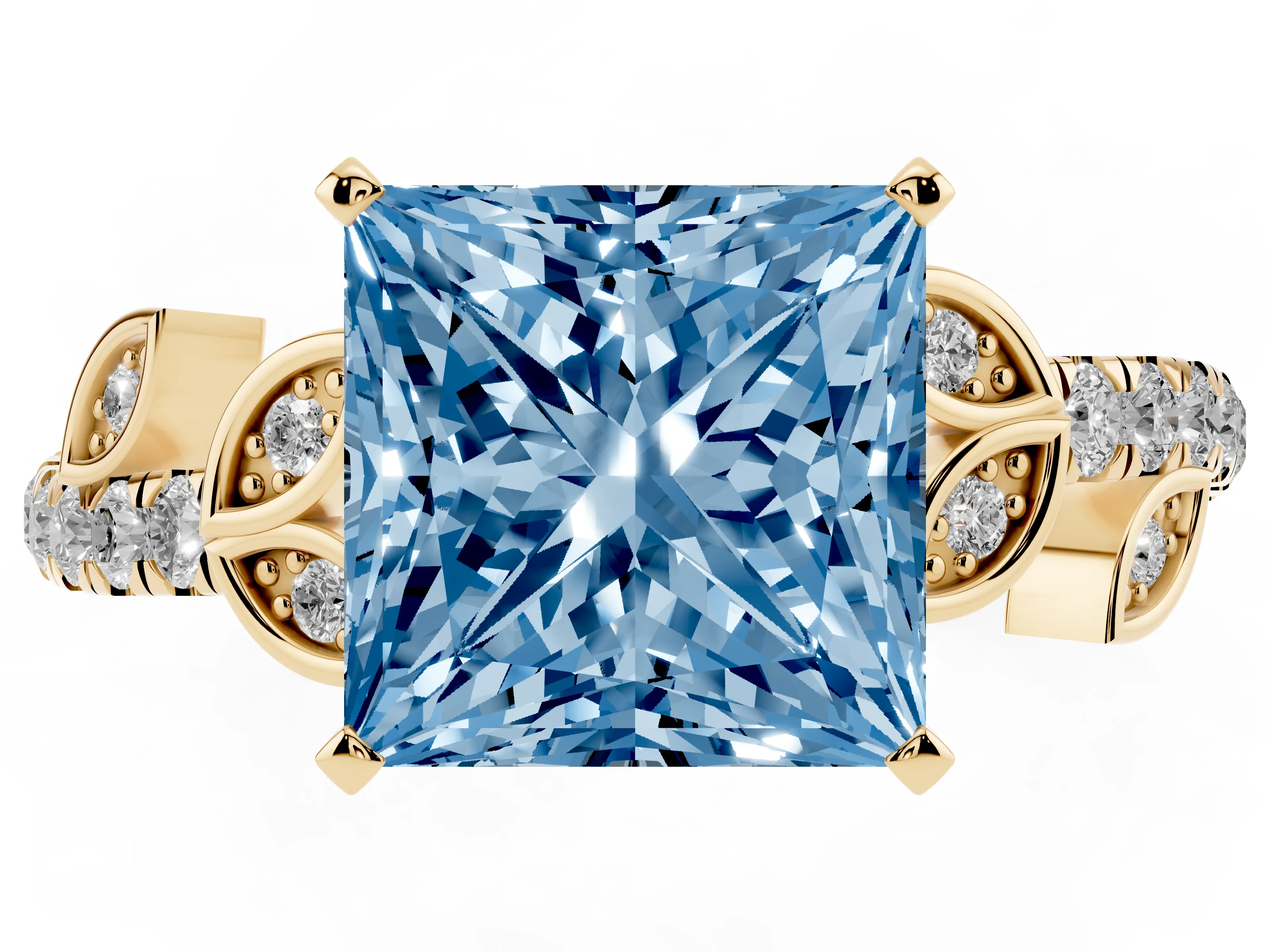 Fancy Blue Princess Cut Diamond Solitaire Leaf-Inspired Ring Set in Yellow gold with Pavé Band and Prong Setting