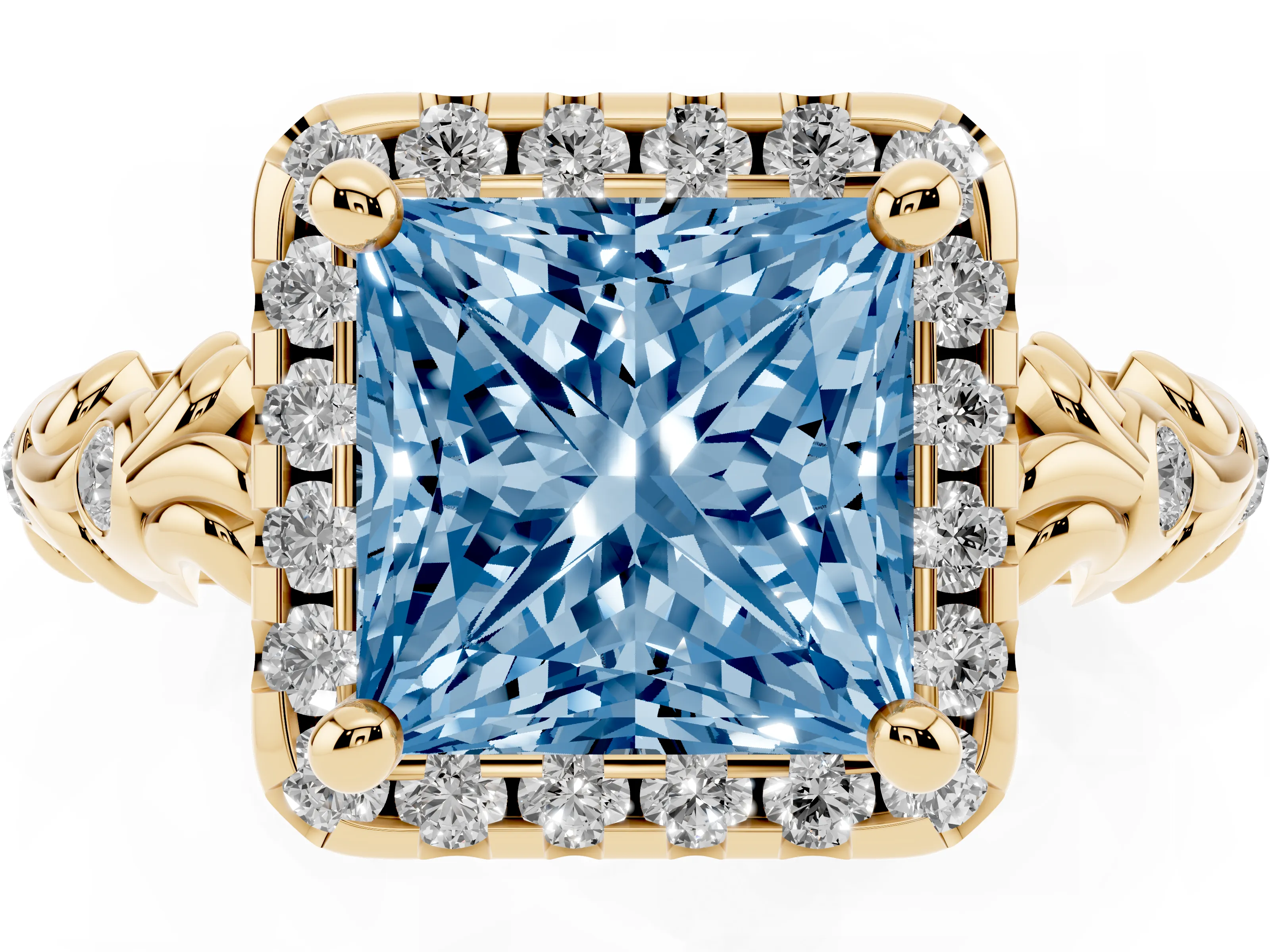Fancy Blue Princess Cut Diamond Halo Ring Set in Yellow gold with Filigree Leaf Band and Prong Setting