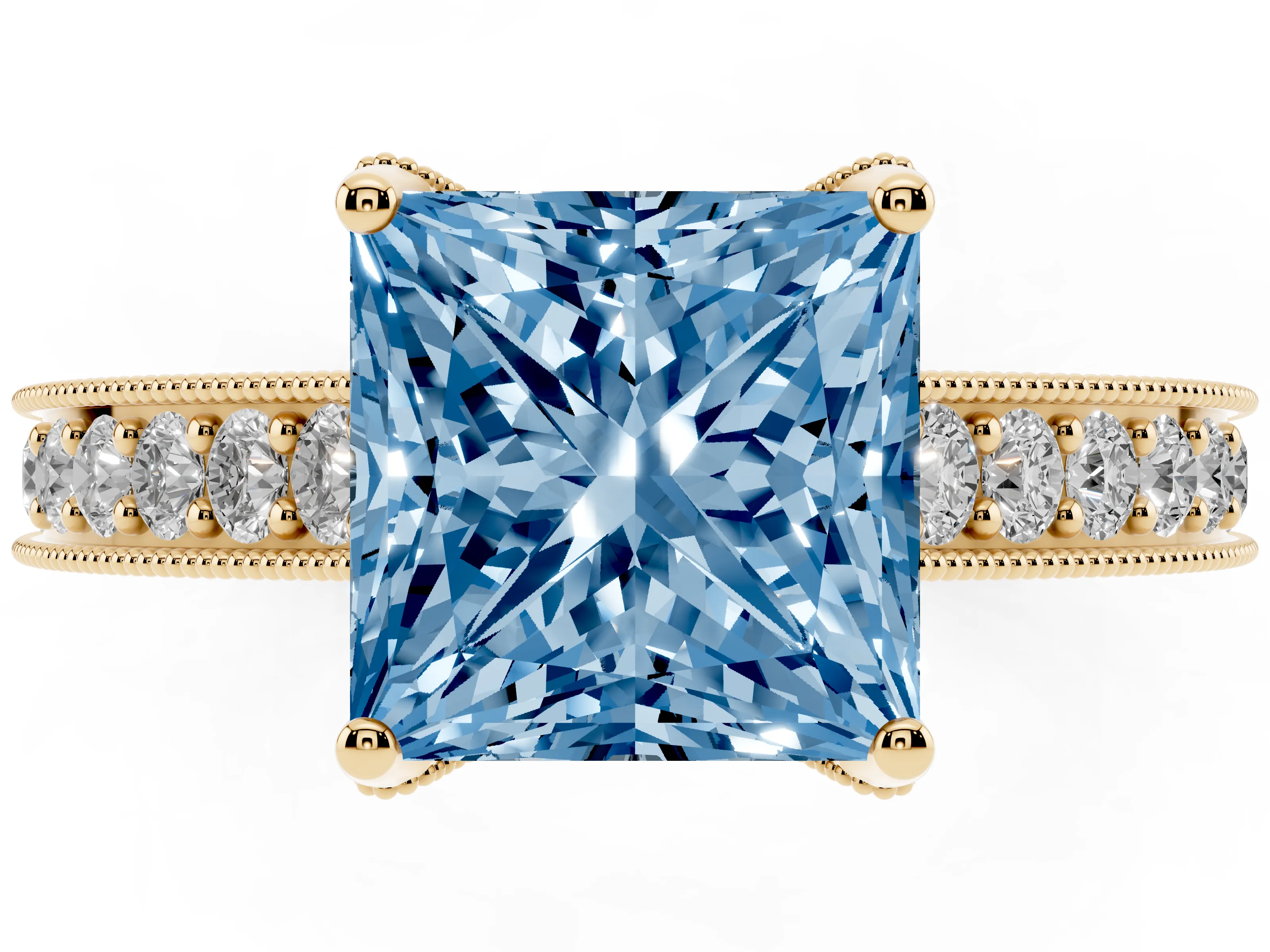 Fancy Blue Princess Cut Diamond Solitaire Ring Set in Yellow gold with Milgrain-Edged Pavé Band and Prong Setting