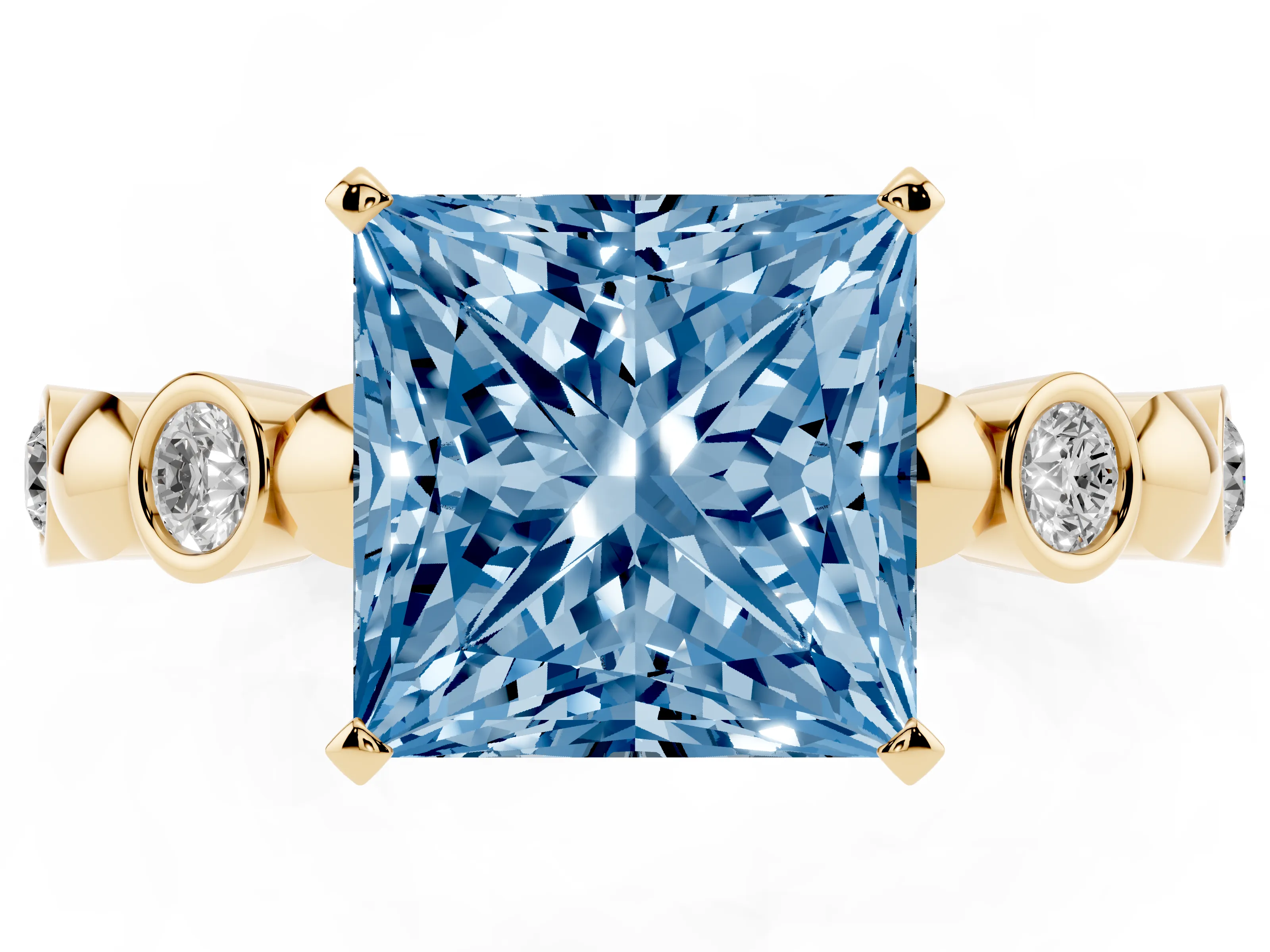 Fancy Blue Princess Cut Diamond Solitaire Ring Set in Yellow gold with Bezel-Set Accents on Beaded Band and Prong Setting