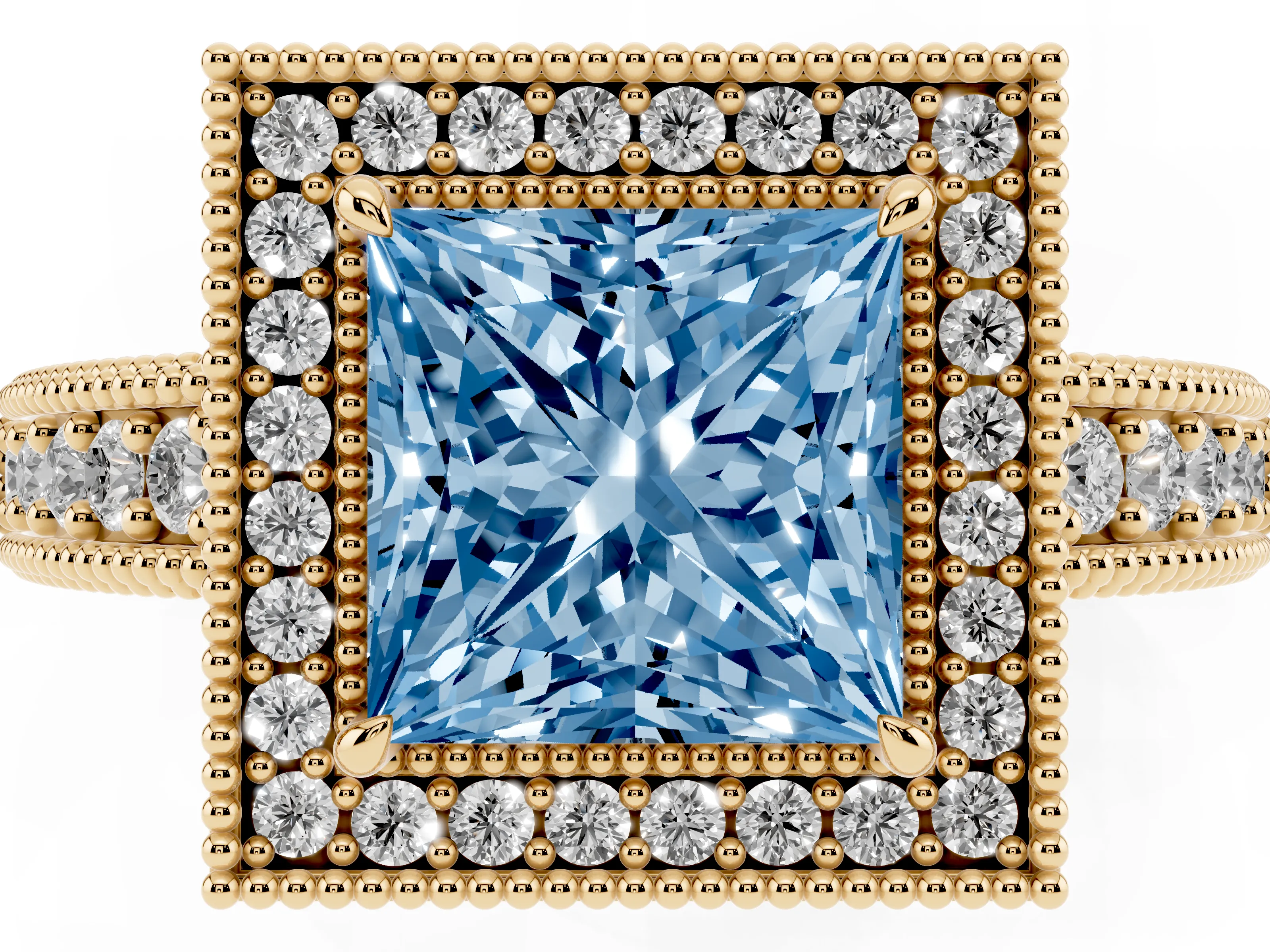 Fancy Blue Princess Cut Diamond Halo Ring Set in Yellow gold with Round Accent Halo, Pavé Band and Prong Setting