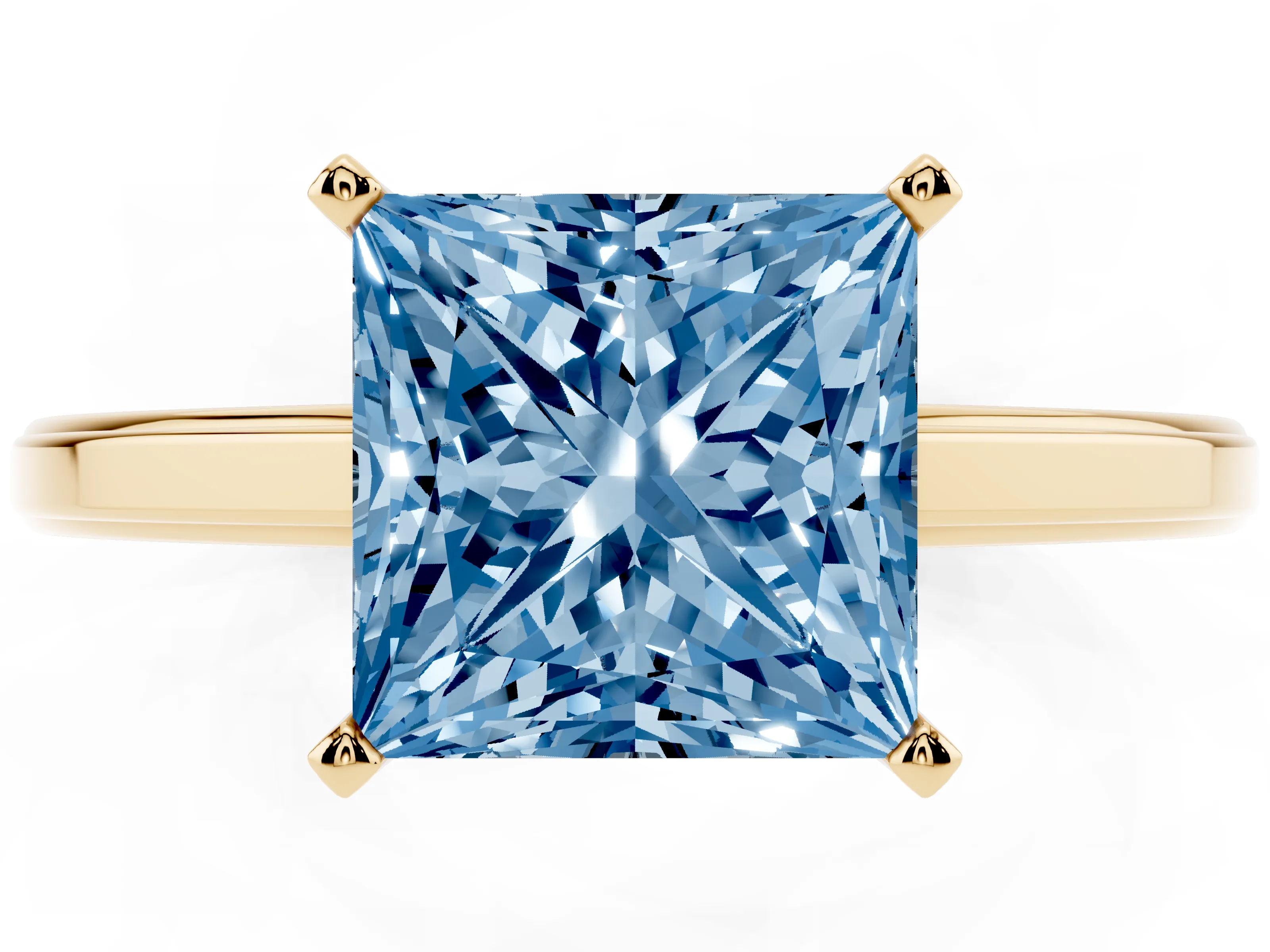 Fancy Blue Princess Cut Diamond Solitaire Ring Set in Yellow gold with Prong Setting and Classic Band