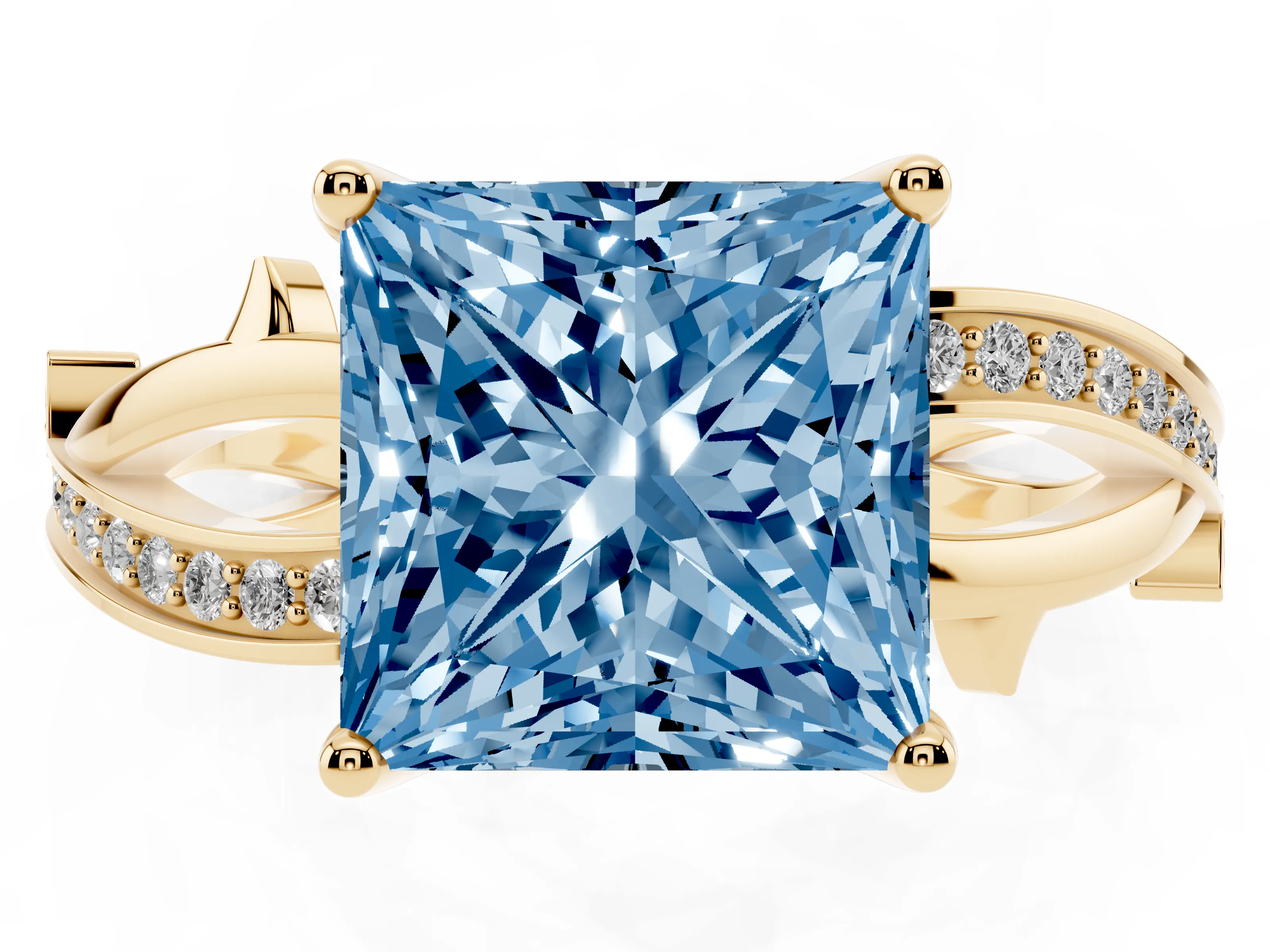 Fancy Blue Princess Cut Diamond Pavé Twist Band Solitaire Ring Set in Yellow gold with Prong Setting
