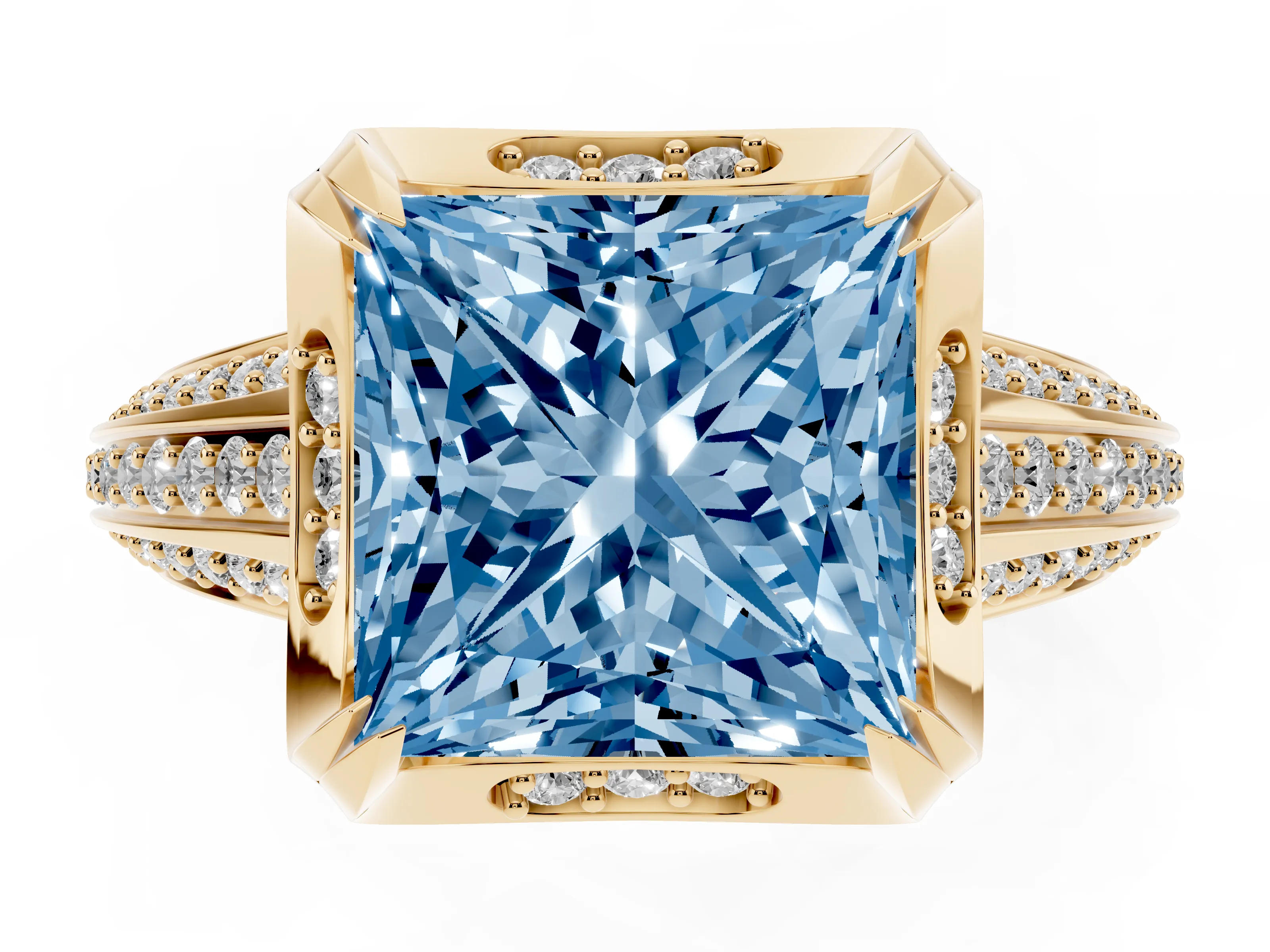 Fancy Blue Princess Cut Diamond Pavé Split Shank Solitaire Ring Set in Yellow gold with Prong Setting