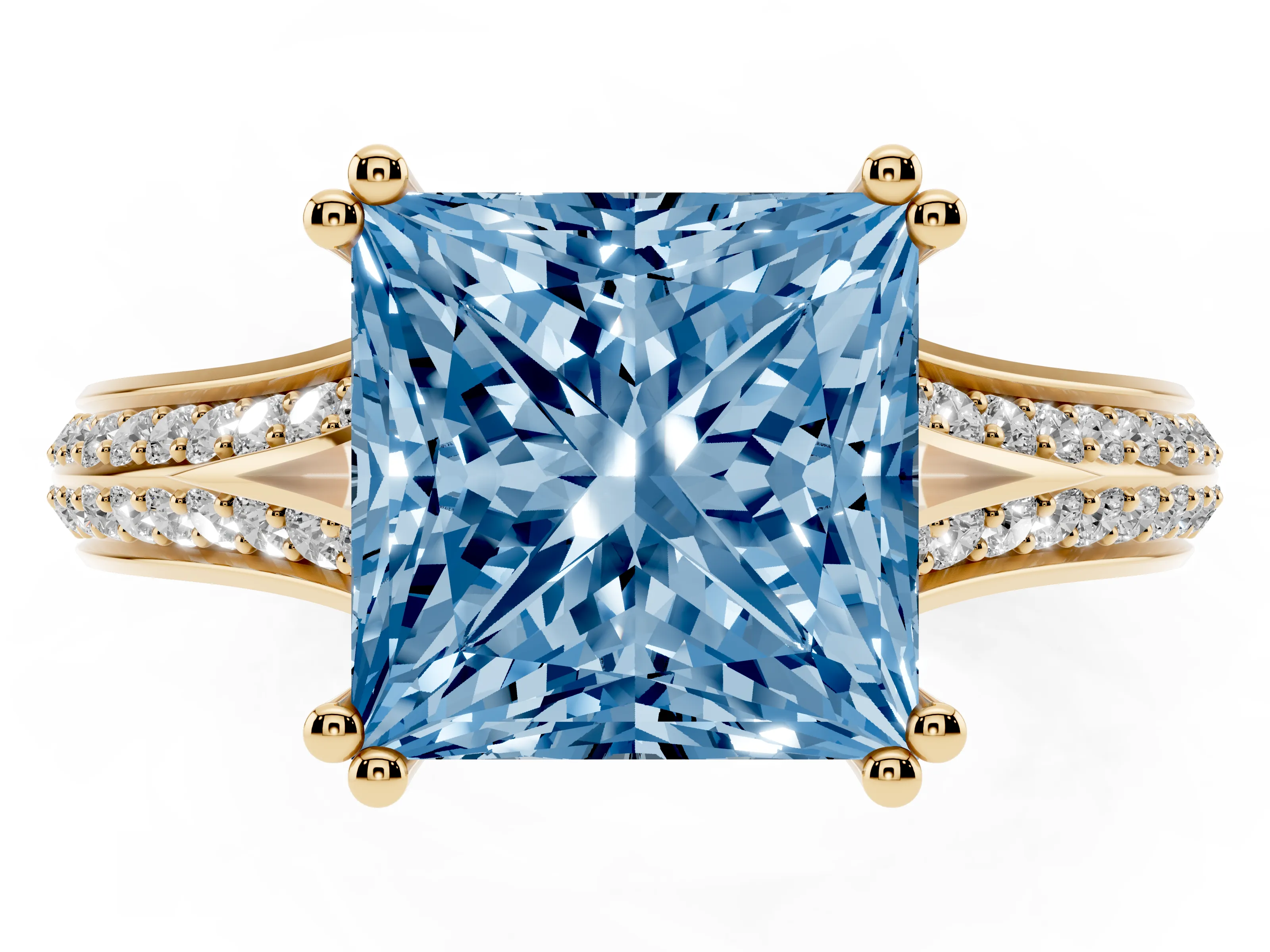 Fancy Blue Princess Cut Diamond Split Shank Pavé Engagement Ring Set in Yellow gold with Prong-Set Center Stone