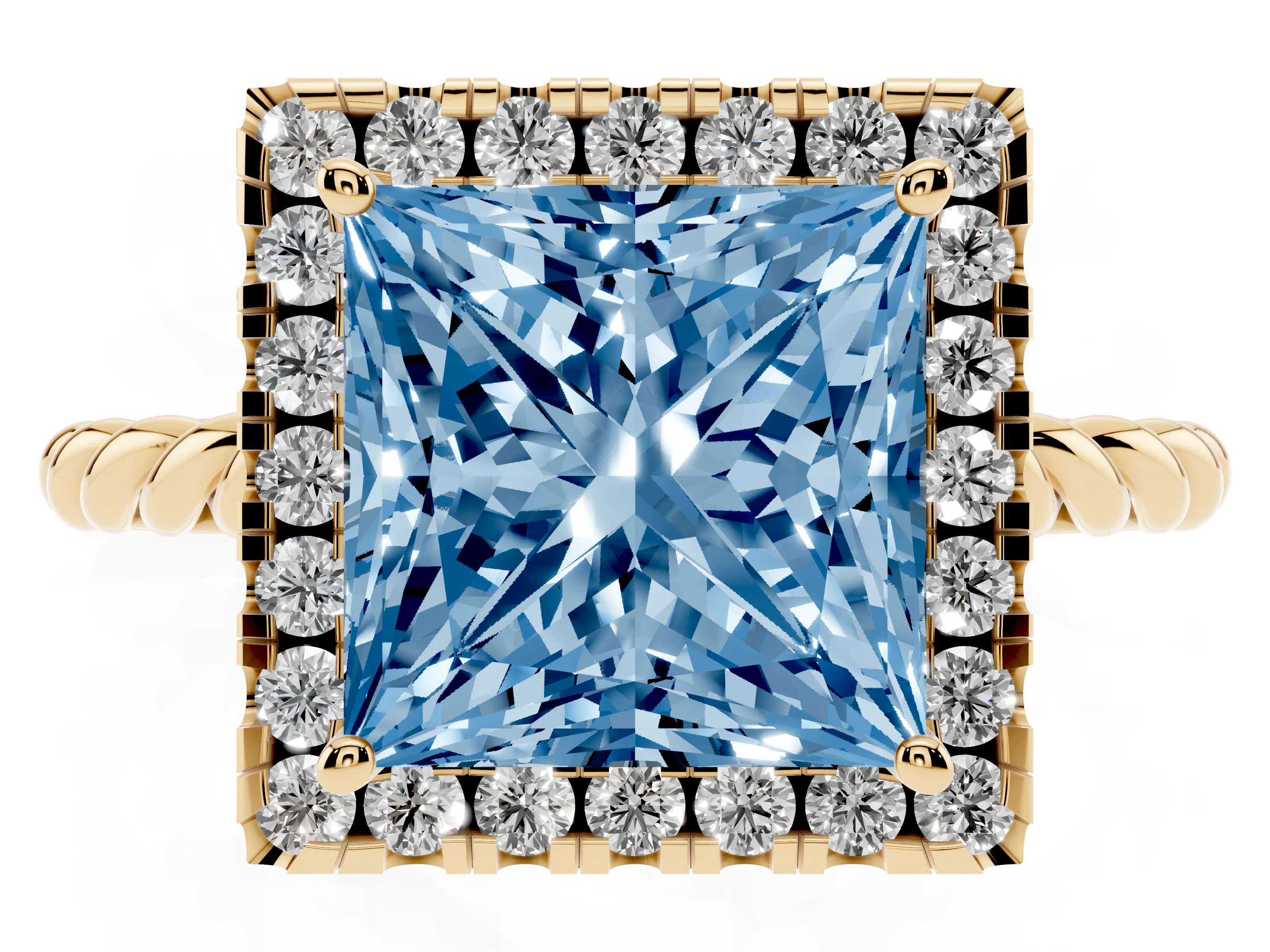 Fancy Blue Princess Cut Diamond Halo Ring Set in Yellow gold with Plain Twisted Band