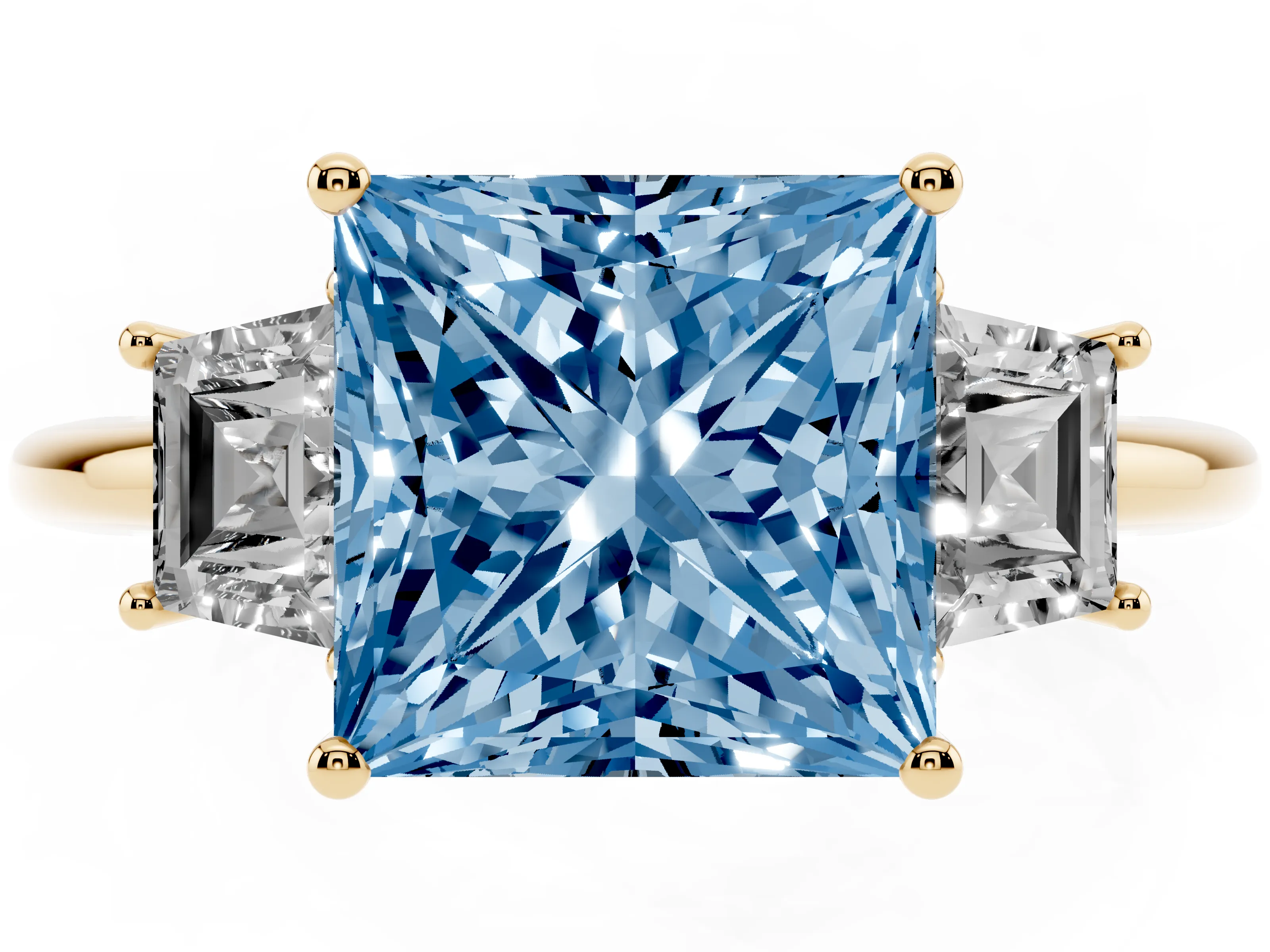 Fancy Blue Princess Cut Diamond Three-Stone Ring Set in Yellow gold with Trapezoid Side Stones and Prong Setting