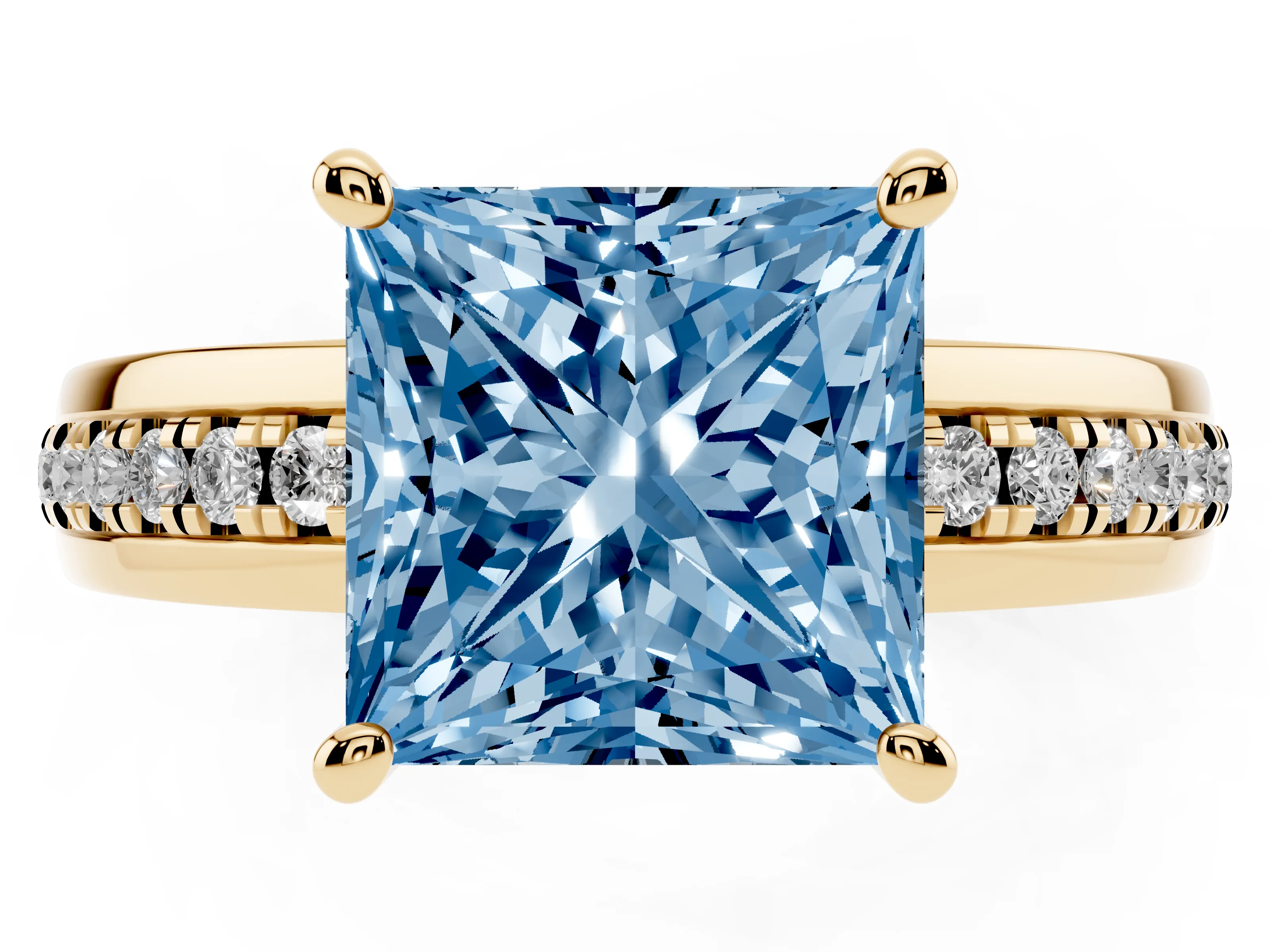 Fancy Blue Princess Cut Diamond Solitaire Ring Set in Yellow gold with Channel Set Band and Prong Setting