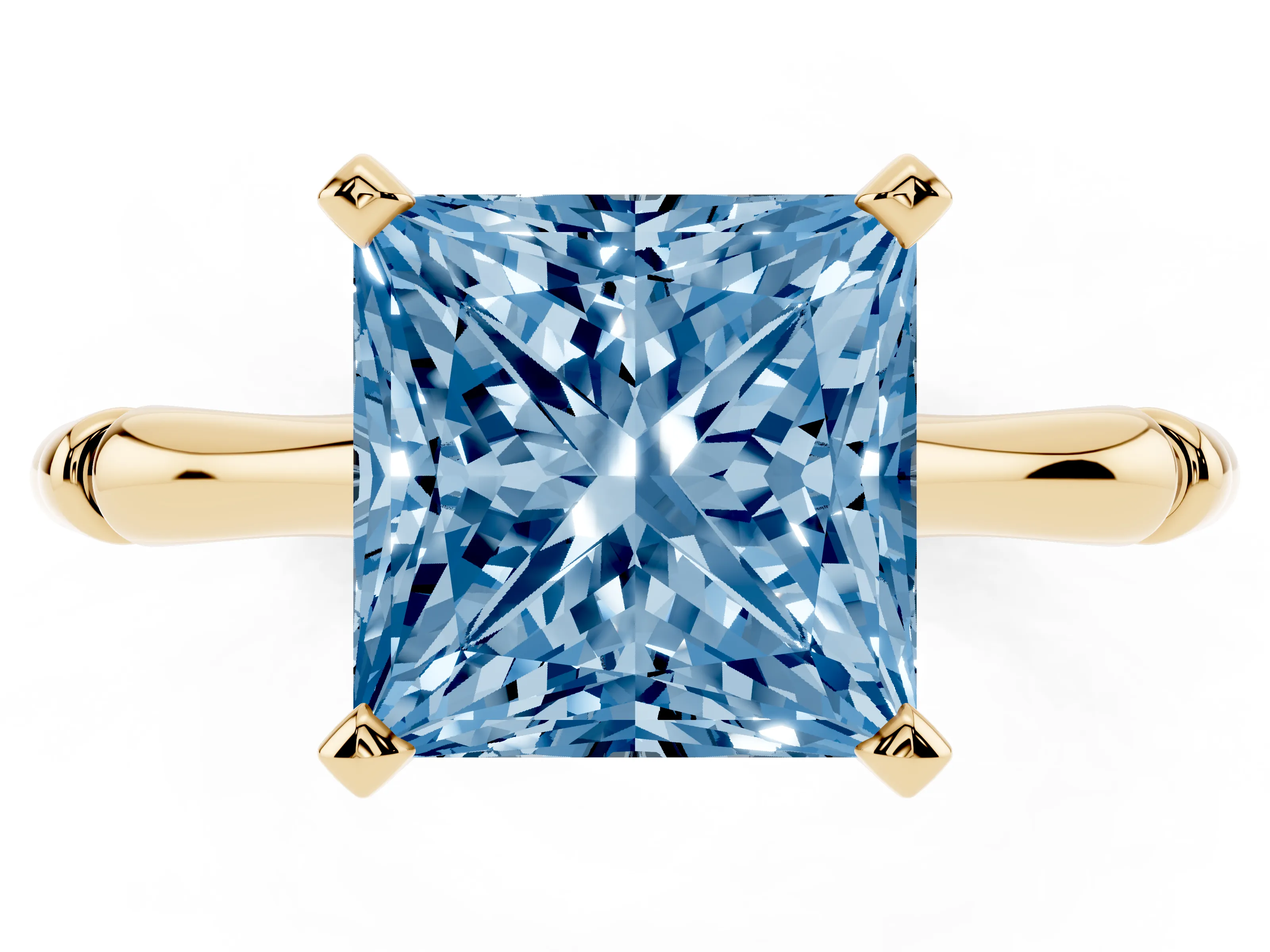 Fancy Blue Princess Cut Diamond Solitaire Ring Set in Yellow gold with Bamboo Band and Prong Setting