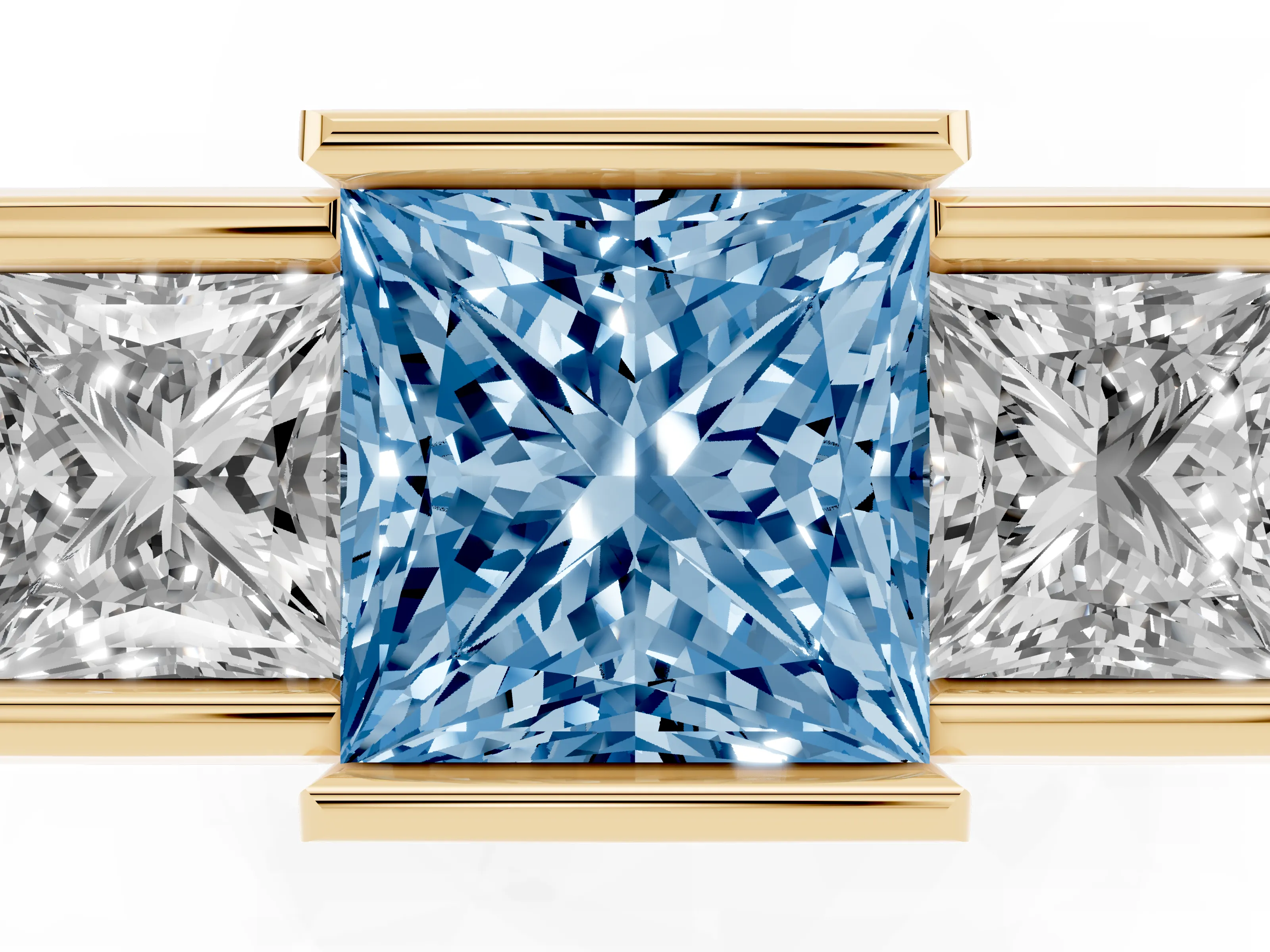 Fancy Blue Princess Cut Diamond Three-Stone Channel Set Ring Set in Yellow gold with Smooth Polished Band