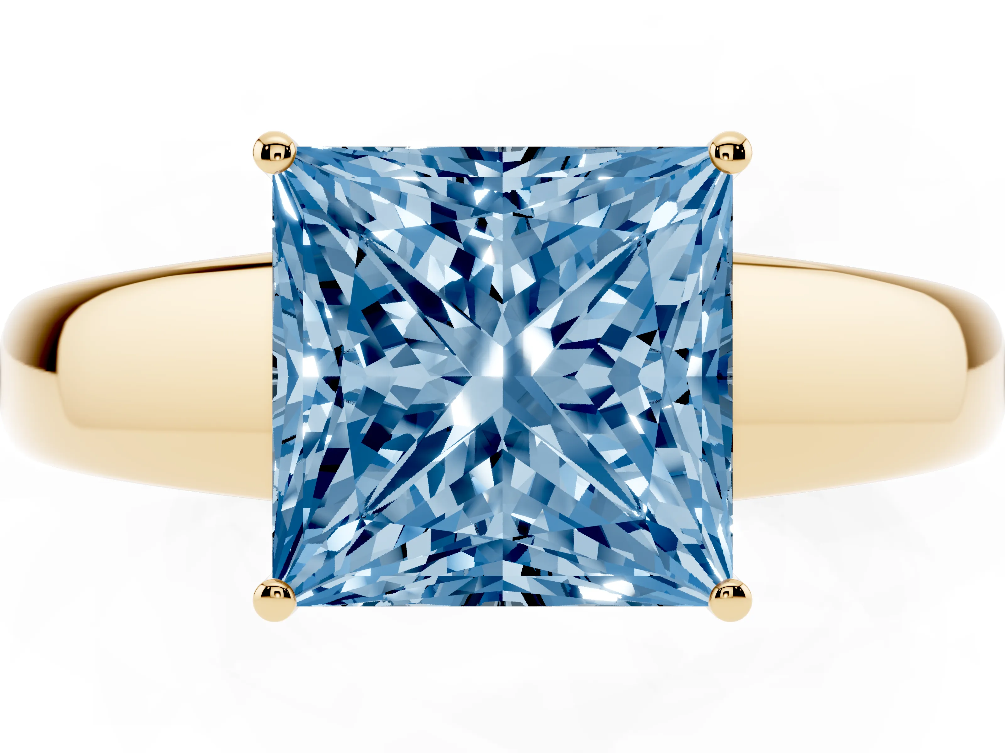 Fancy Blue Princess Cut Diamond Solitaire Ring Set in Yellow gold with Tapered Band and Prong Setting