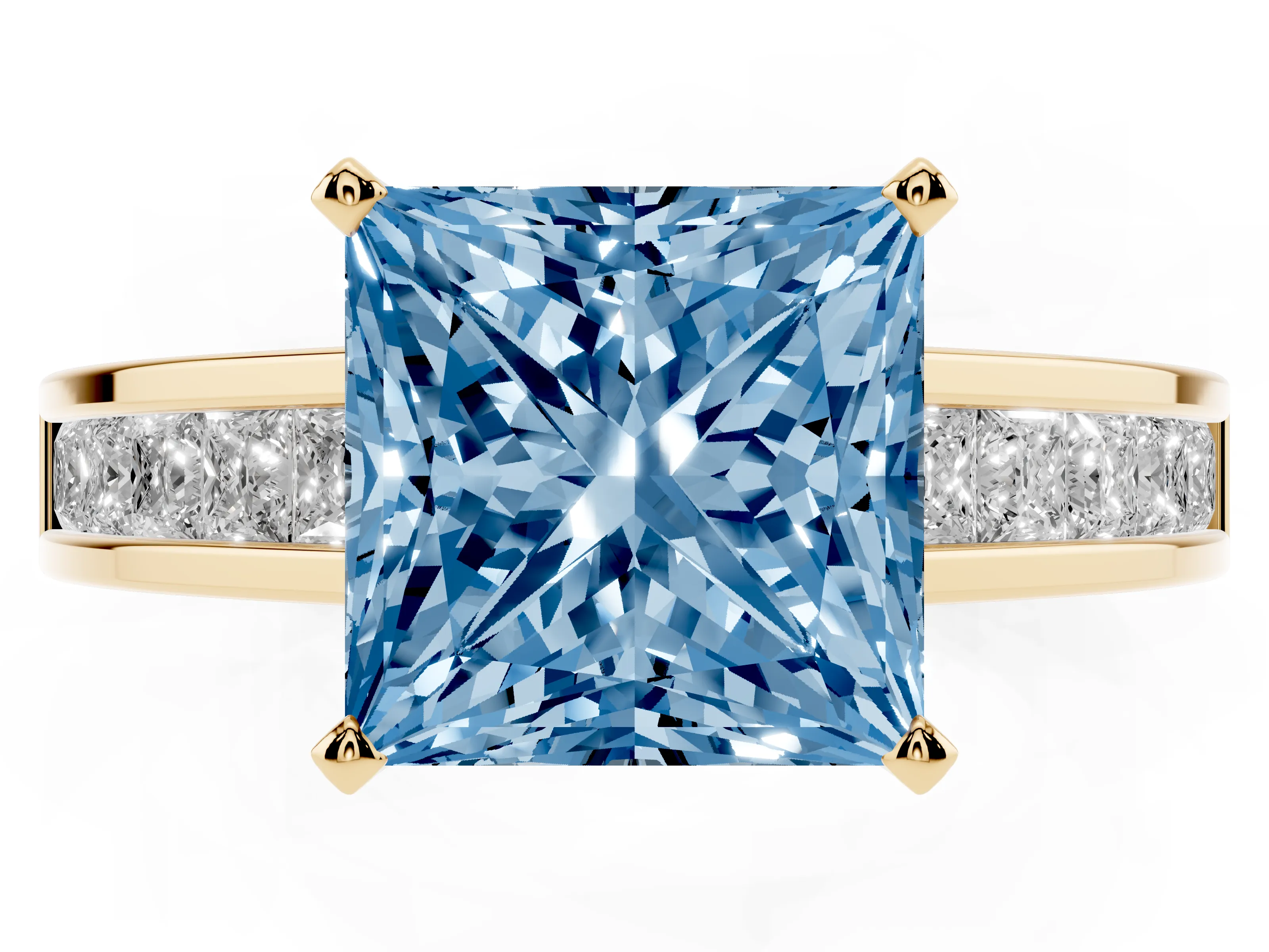 Fancy Blue Princess Cut Diamond Solitaire Ring Set in Yellow gold with Channel-Set Band and Prong Setting