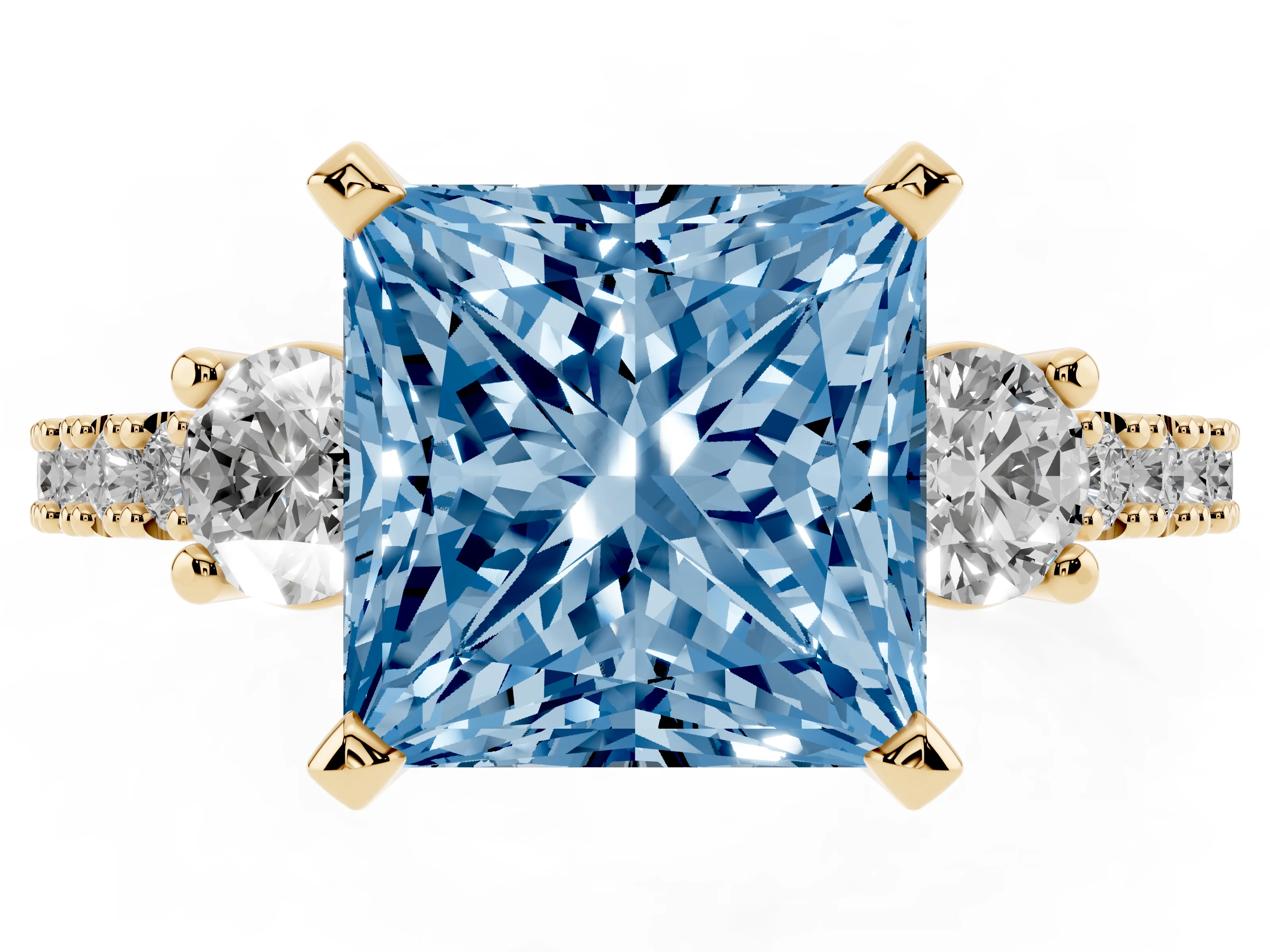 Fancy Blue Three-Stone Princess Cut Diamond Pavé Band Ring Set in Yellow gold with Prong Setting