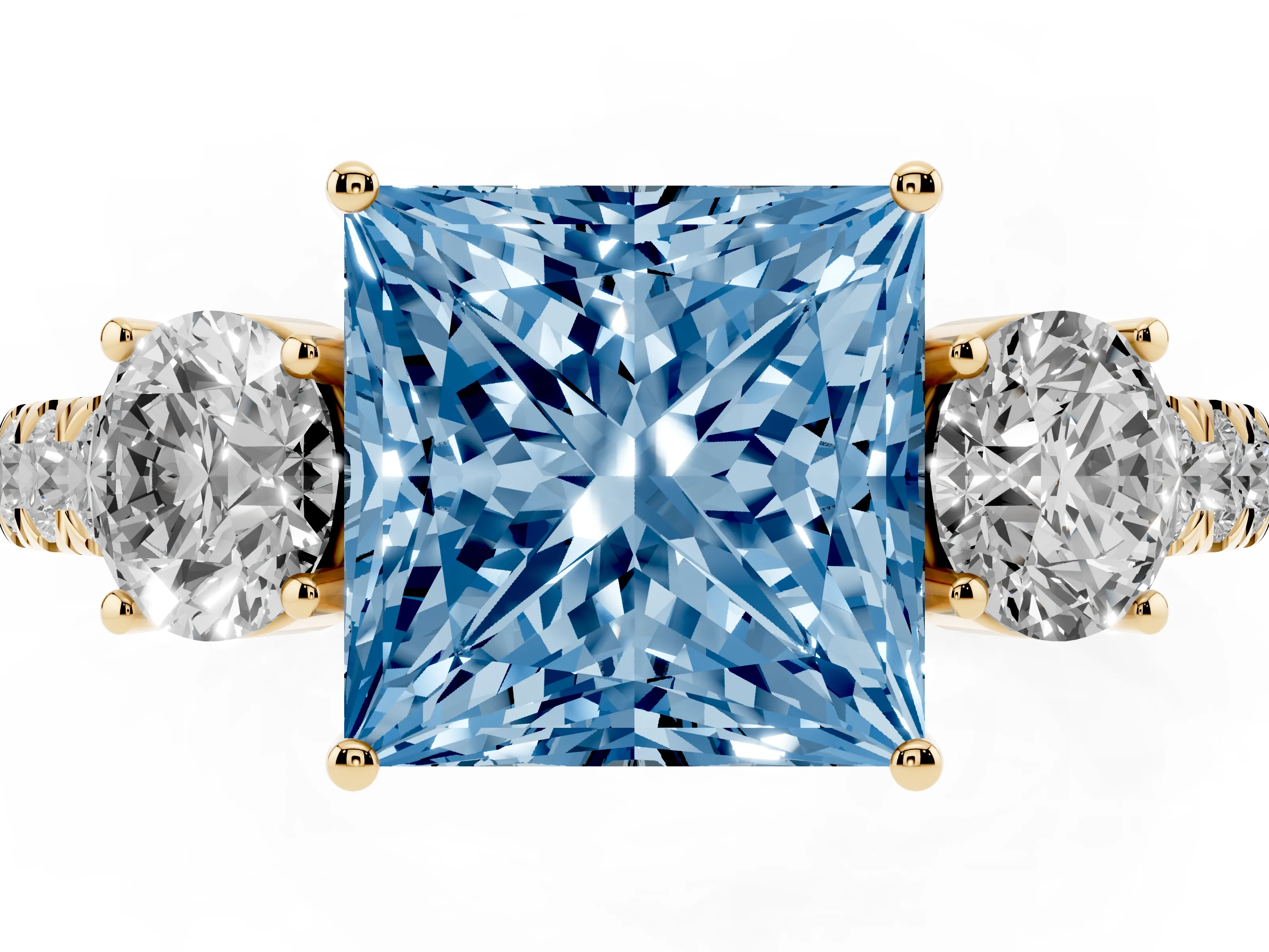 Fancy Blue Princess Cut Diamond Three-Stone Ring Set in Yellow gold with Round Side Stones and Delicate Pavé Band