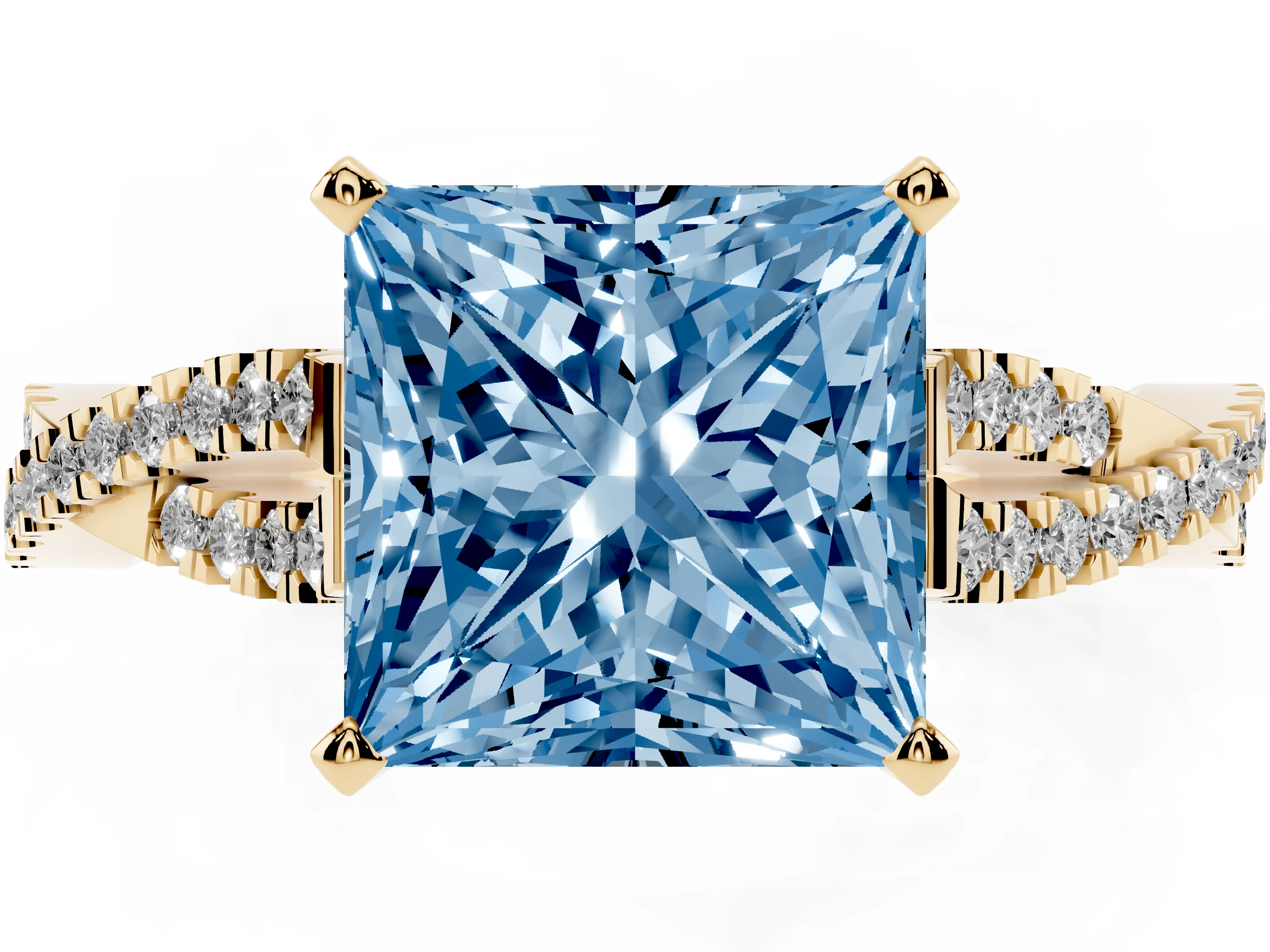 Fancy Blue Princess Cut Diamond Solitaire Engagement Ring Set in Yellow gold with Twisted Pavé Band and Prong Setting