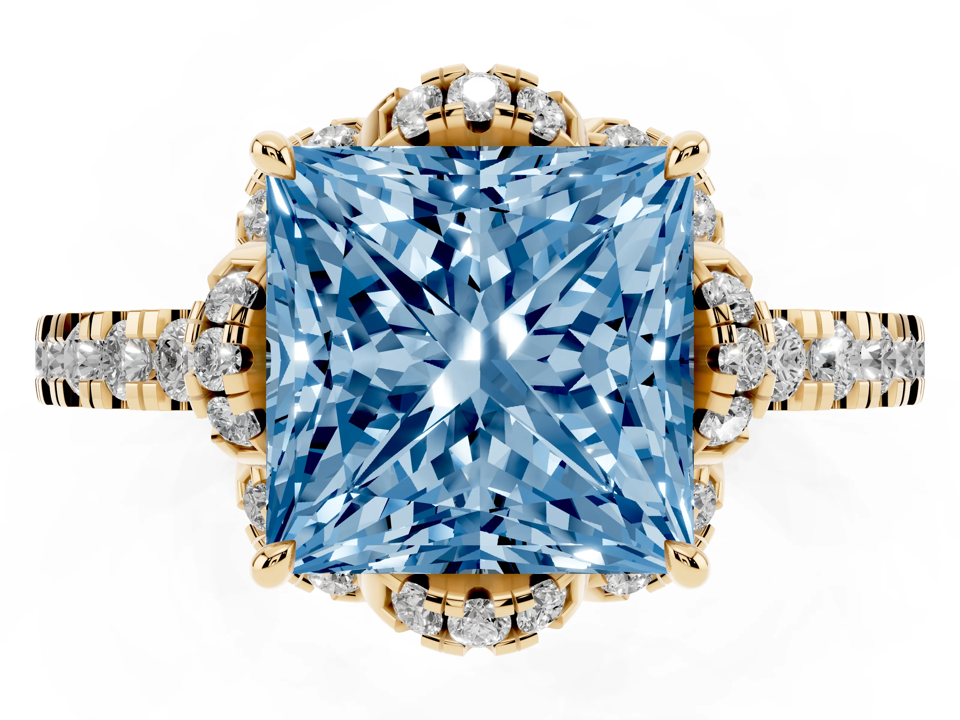 Fancy Blue Princess Cut Diamond Halo Pavé Band Ring Set in Yellow gold with Prong-Held Center