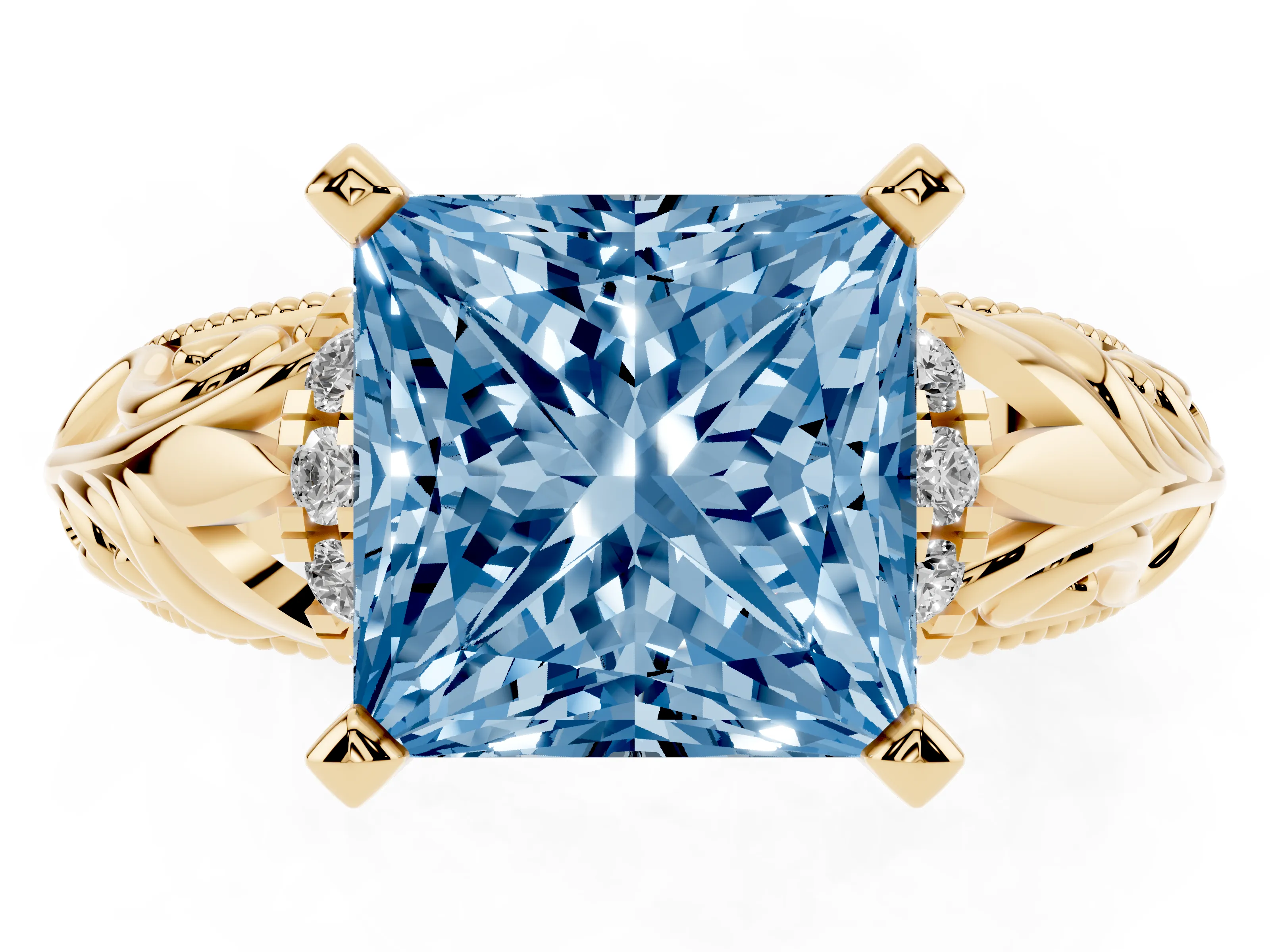 Fancy Blue Princess Cut Diamond Filigree Halo Engagement Ring Set in Yellow gold with Prong Setting