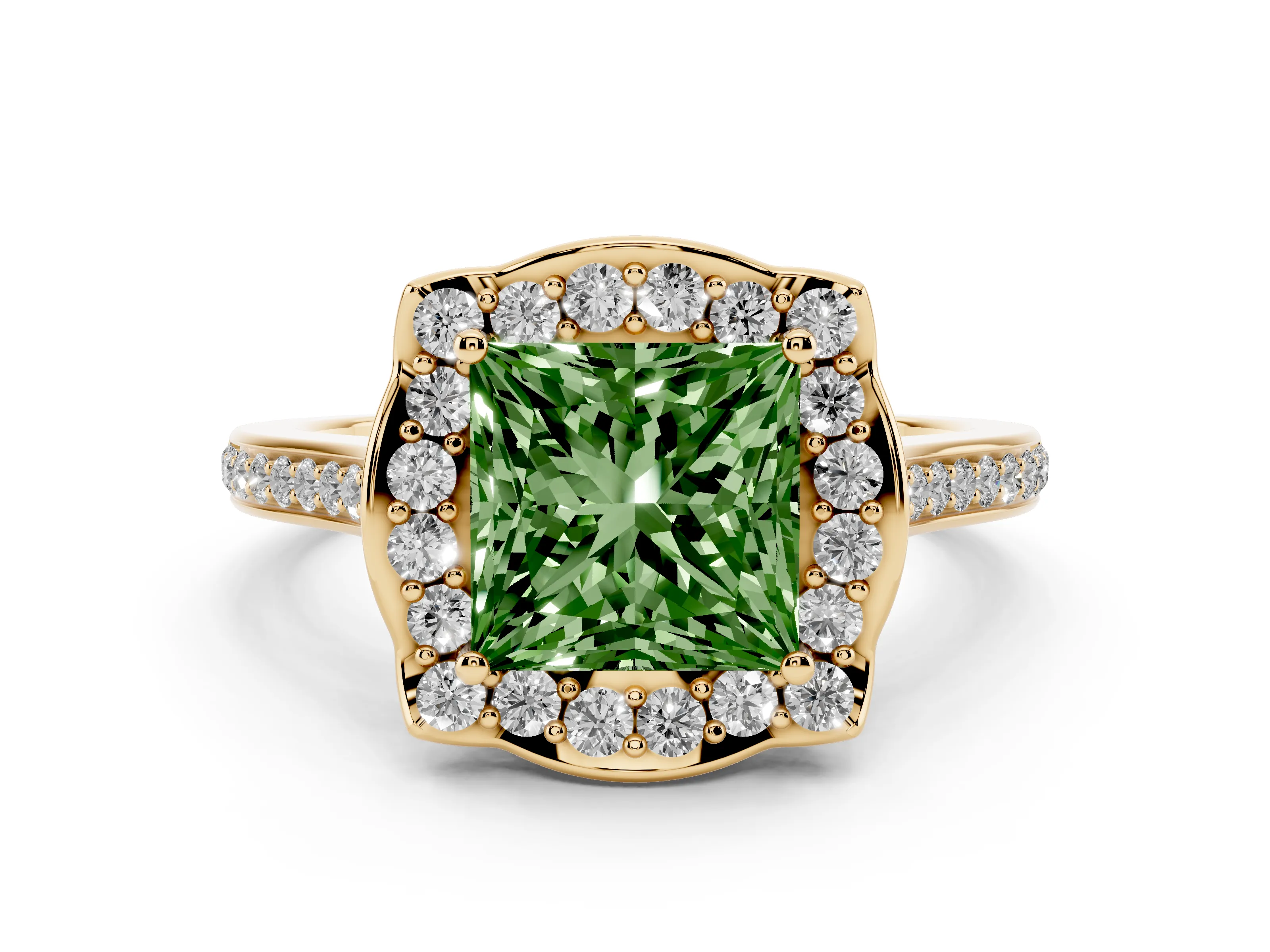 Fancy Green Princess Cut Diamond Halo Ring Set in Yellow gold with Pavé-Lined Shoulders and Prong Setting