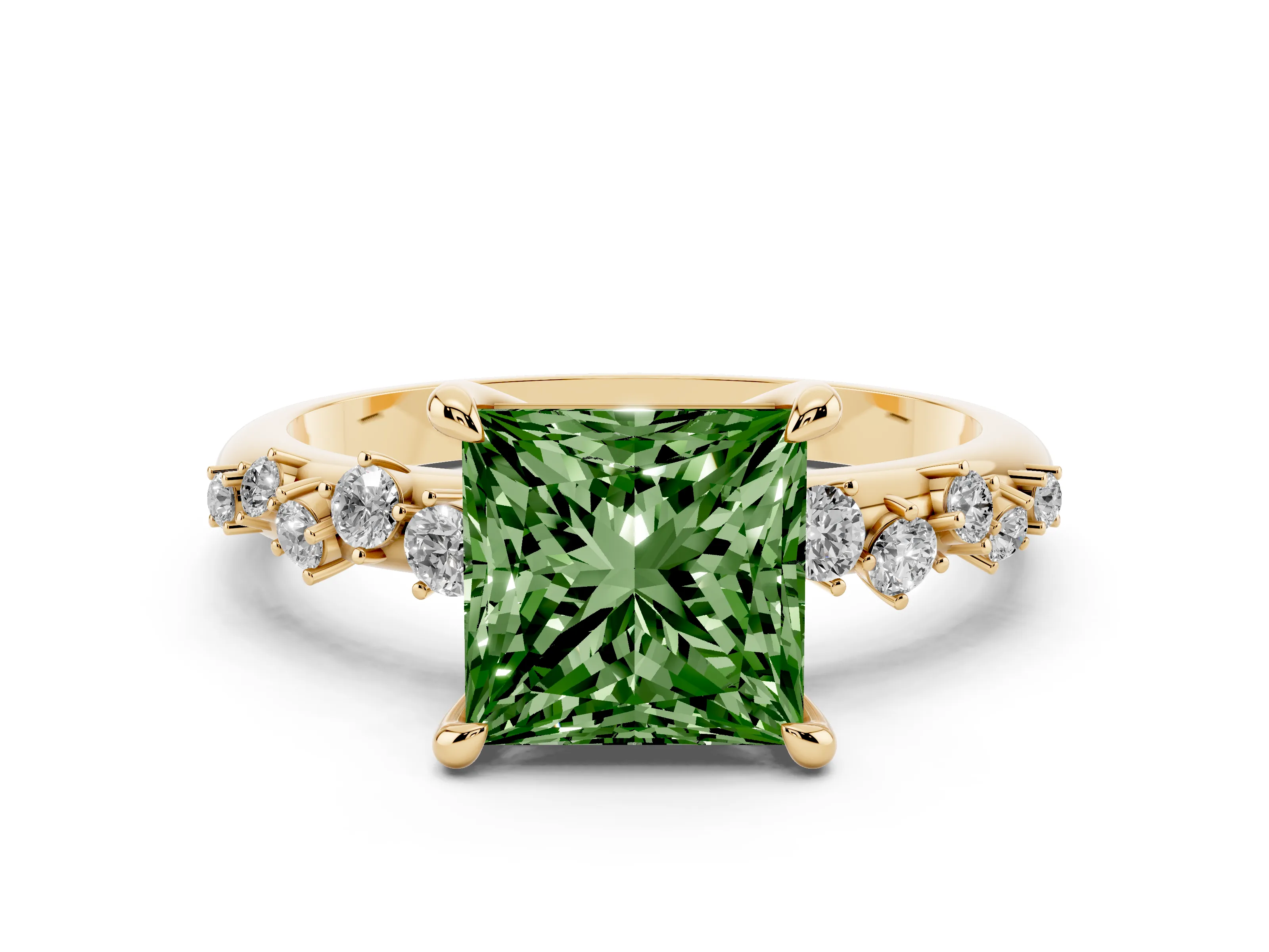 Fancy Green Princess Cut Diamond Solitaire Vine Band Ring Set in Yellow gold with Round Accents and Prong Setting