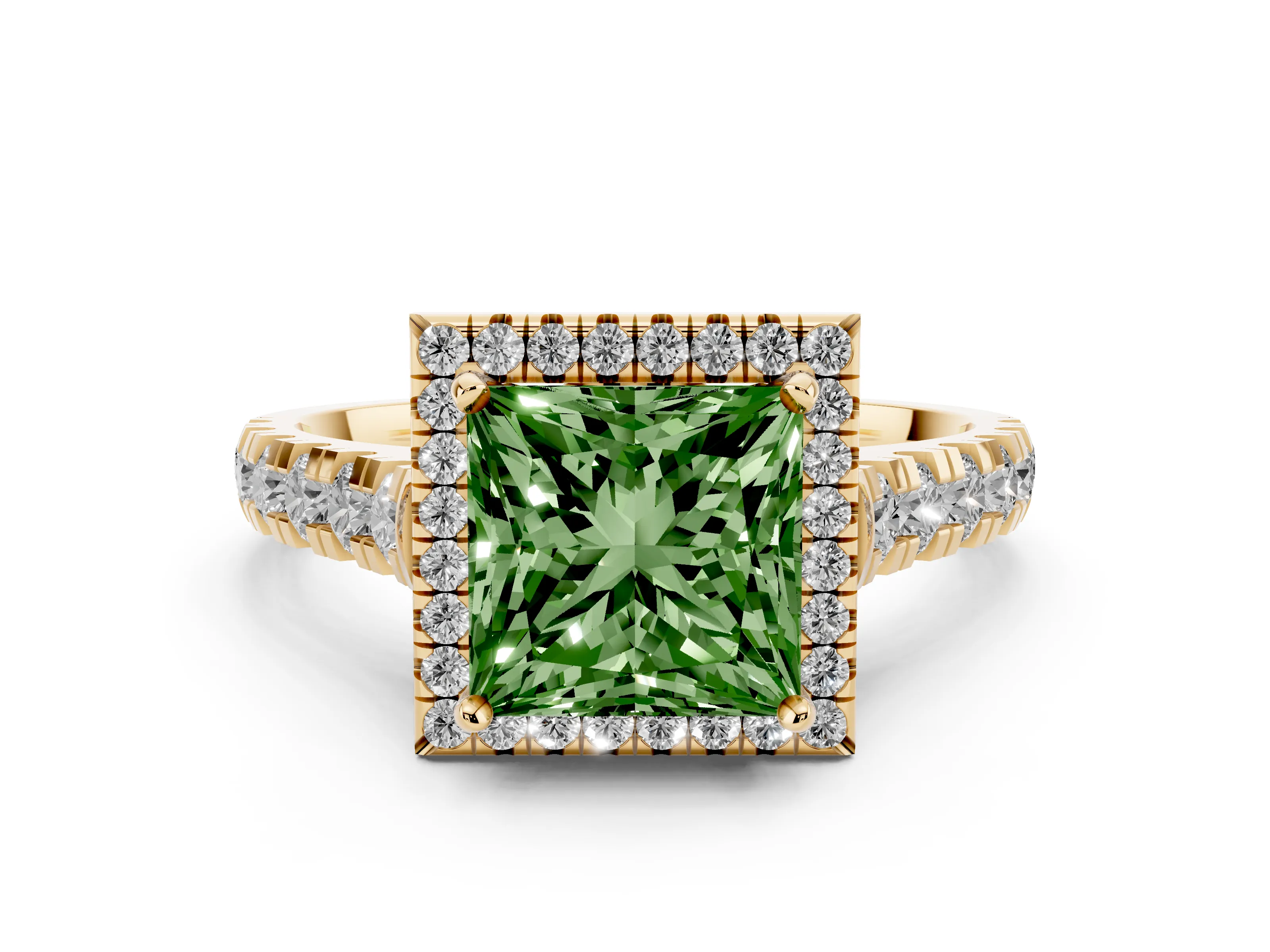 Fancy Green Princess Cut Diamond Halo Engagement Ring Set in Yellow gold with Pavé Band and Prong-Set Center