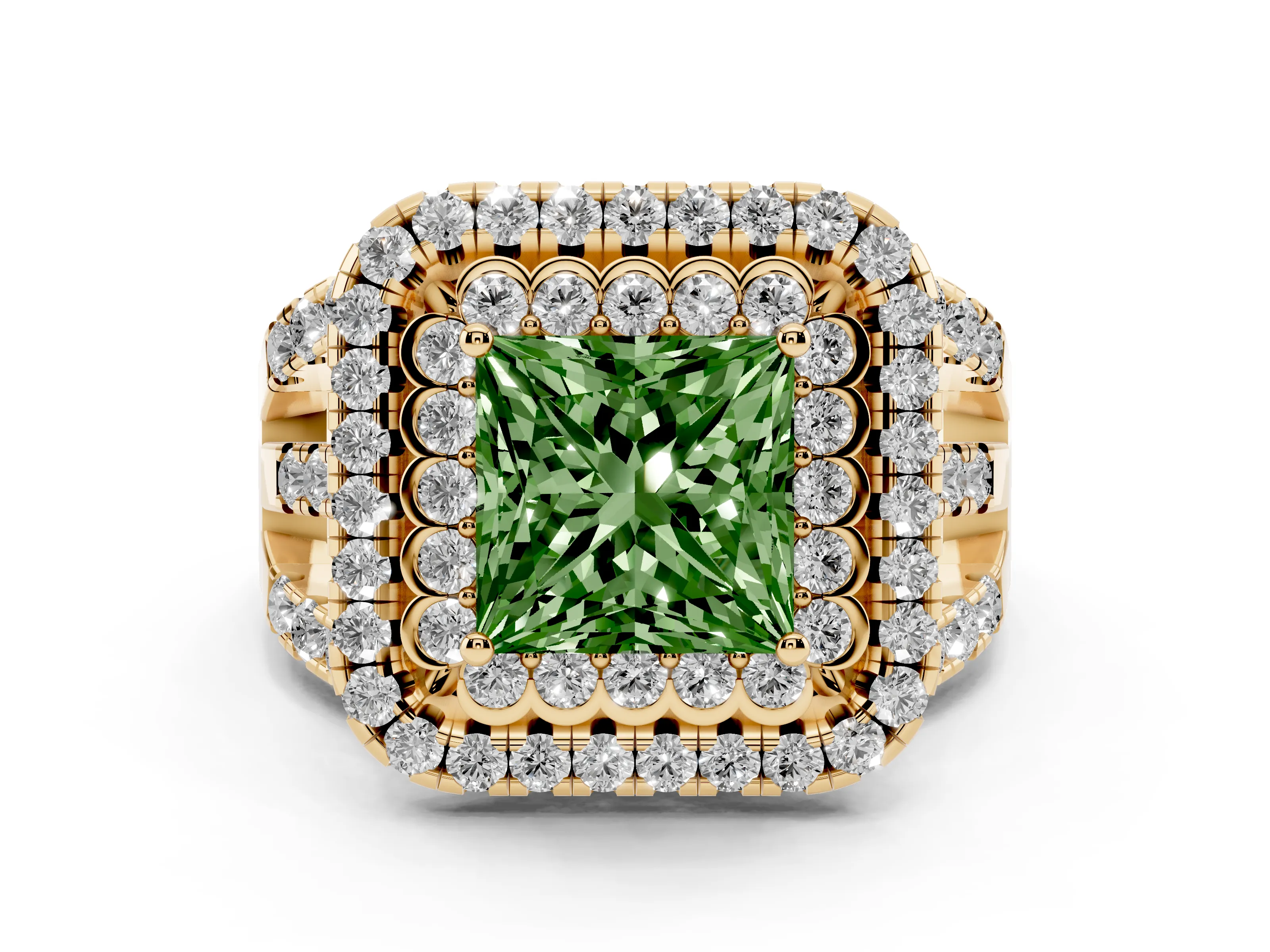 Fancy Green Princess Cut Diamond Double Halo Ring Set in Yellow gold with Round Pavé Split Shank