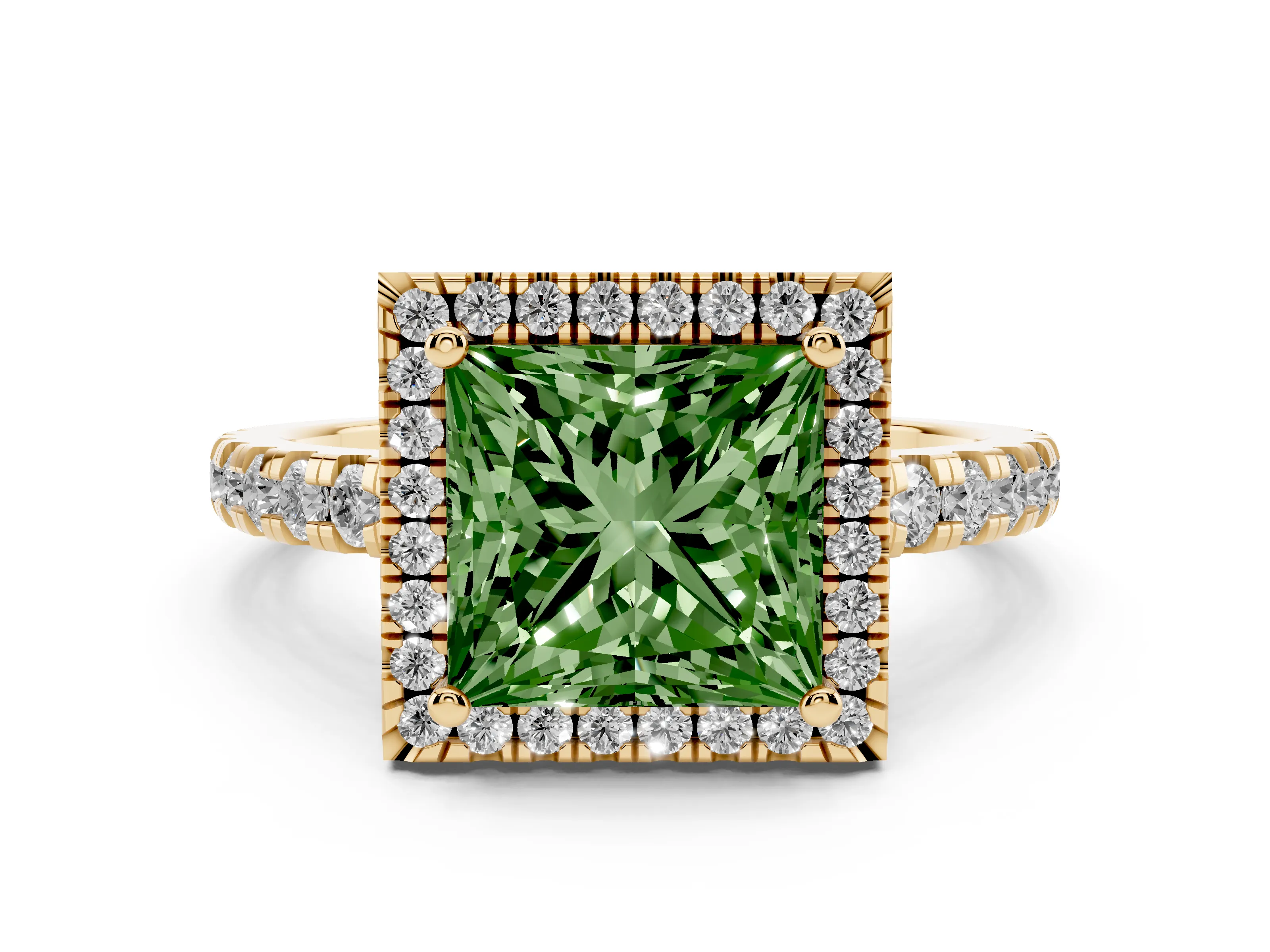 Fancy Green Princess Cut Diamond Halo Ring Set in Yellow gold with Delicate Pavé Band and Prong Setting