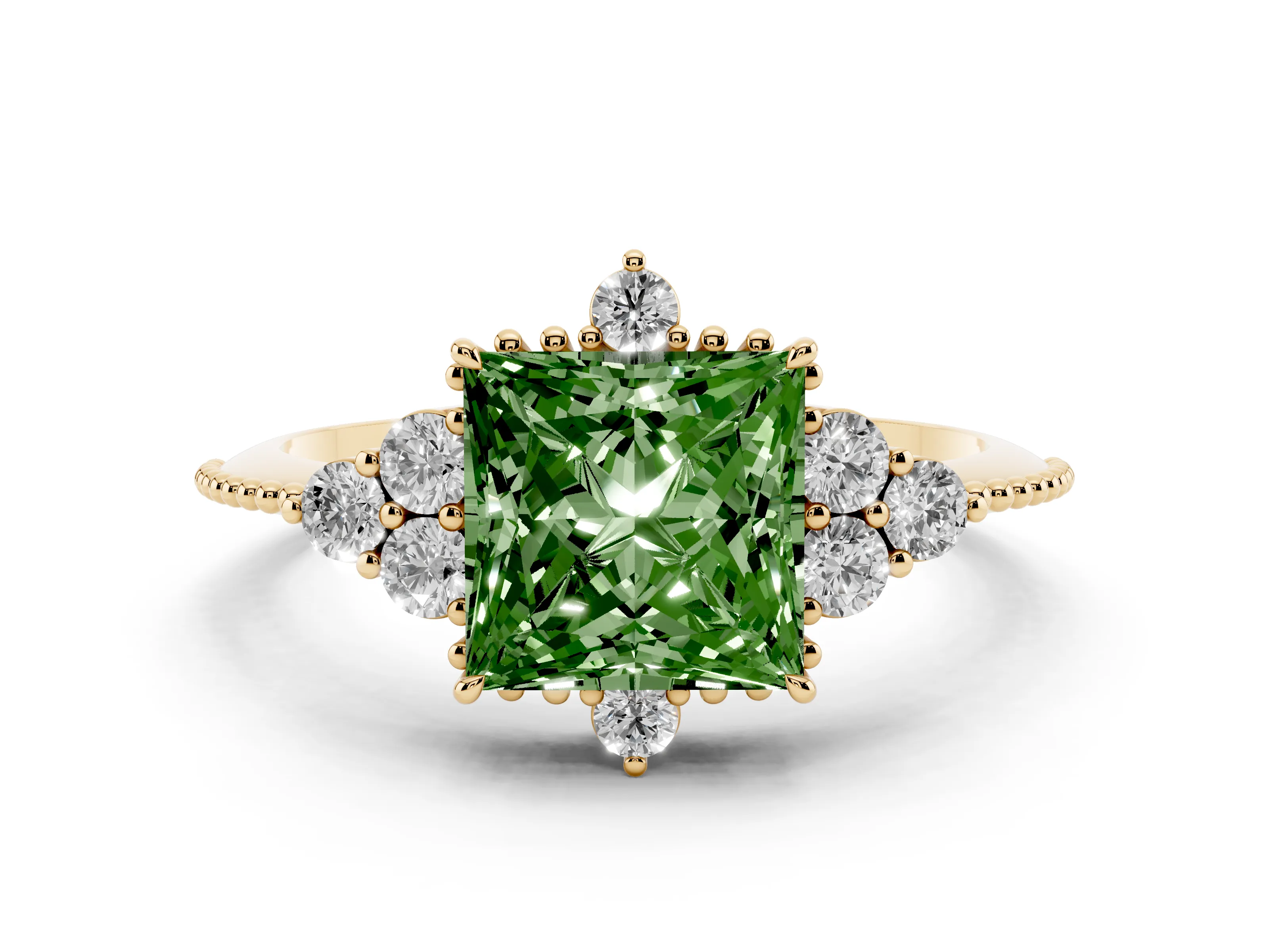 Fancy Green Princess Cut Diamond Cluster Ring Set in Yellow gold with Beaded Band