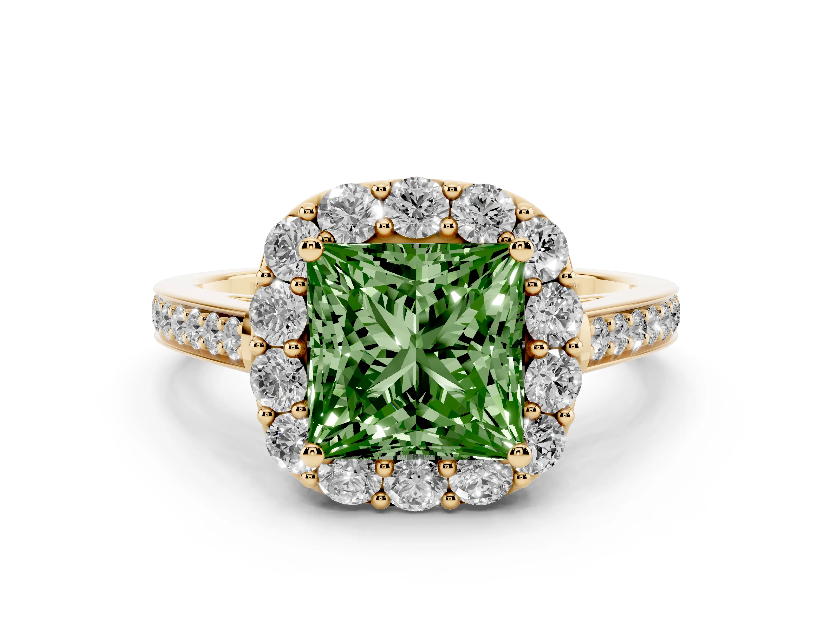 Fancy Green Princess Cut Diamond Floral Halo Ring Set in Yellow gold with Pavé Band and Prong Setting