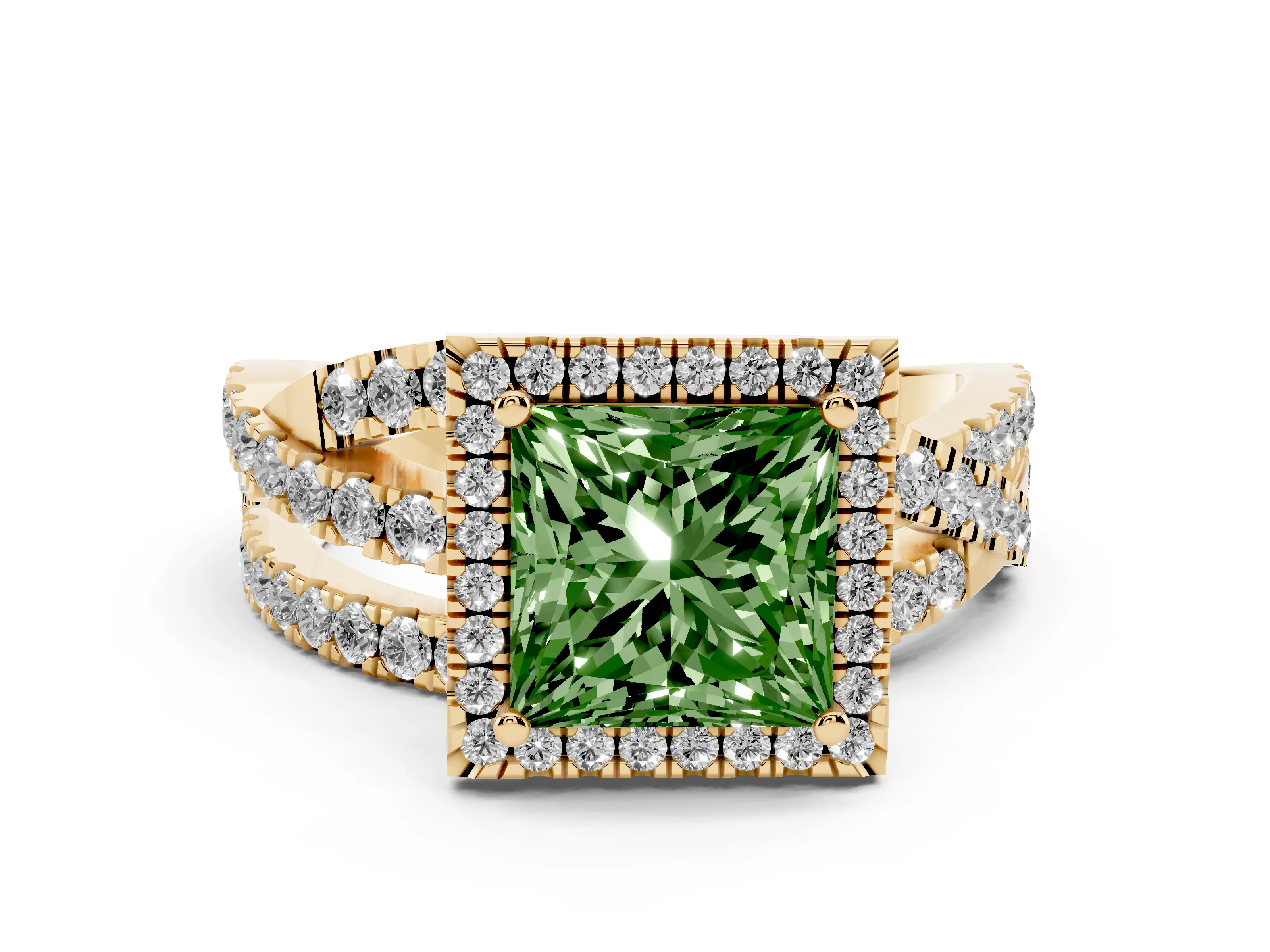 Fancy Green Princess Cut Diamond Halo Ring Set in Yellow gold with Round Crossover Split Shank and Prong Setting