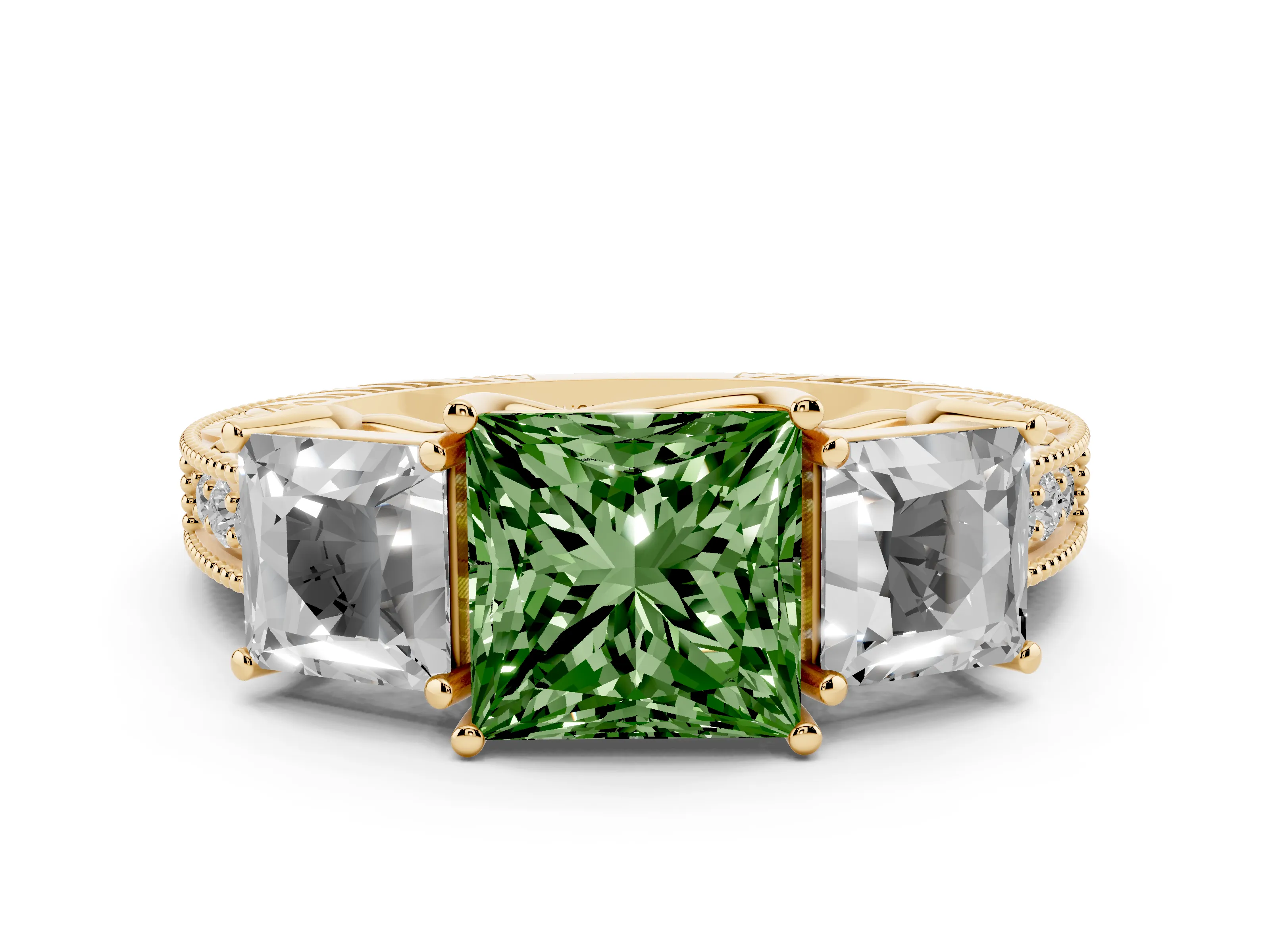 Fancy Green Princess Cut Diamond Three-Stone Engagement Ring Set in Yellow gold with Milgrain Pavé Band