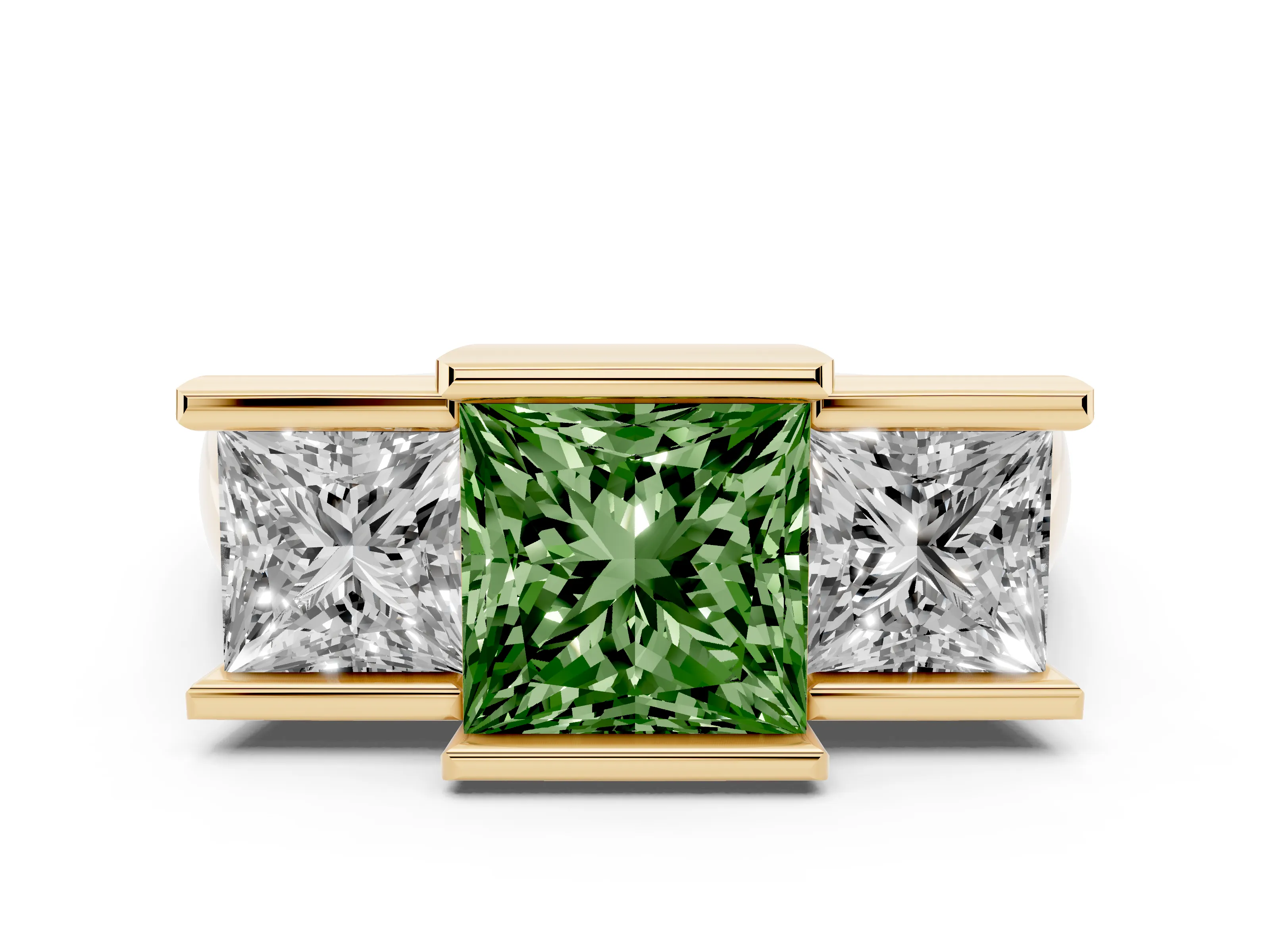 Fancy Green Princess Cut Diamond Three-Stone Channel Set Ring Set in Yellow gold with Smooth Polished Band