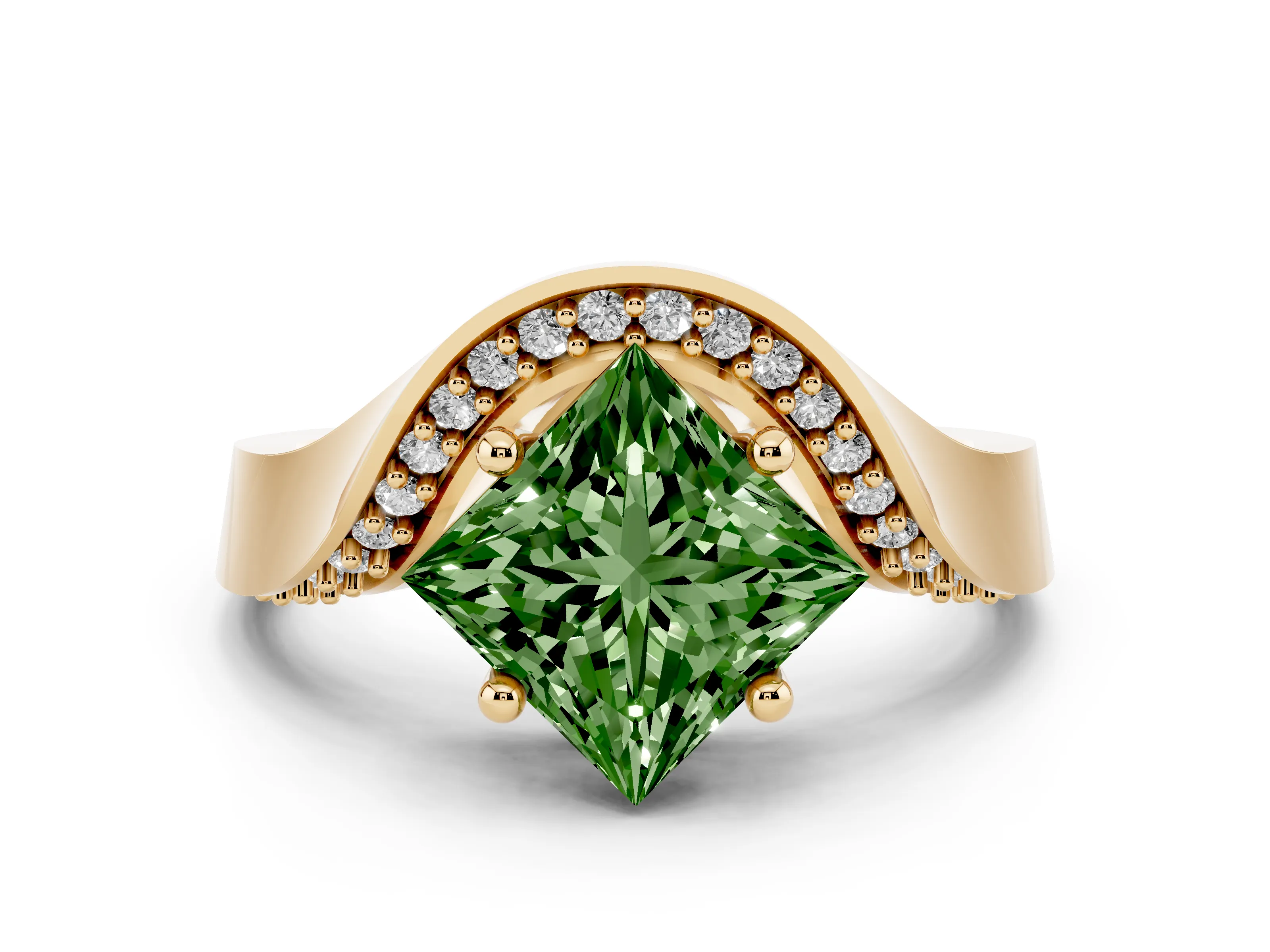 Fancy Green Princess Cut Diamond Solitaire Engagement Ring Set in Yellow gold with Pavé Shoulders