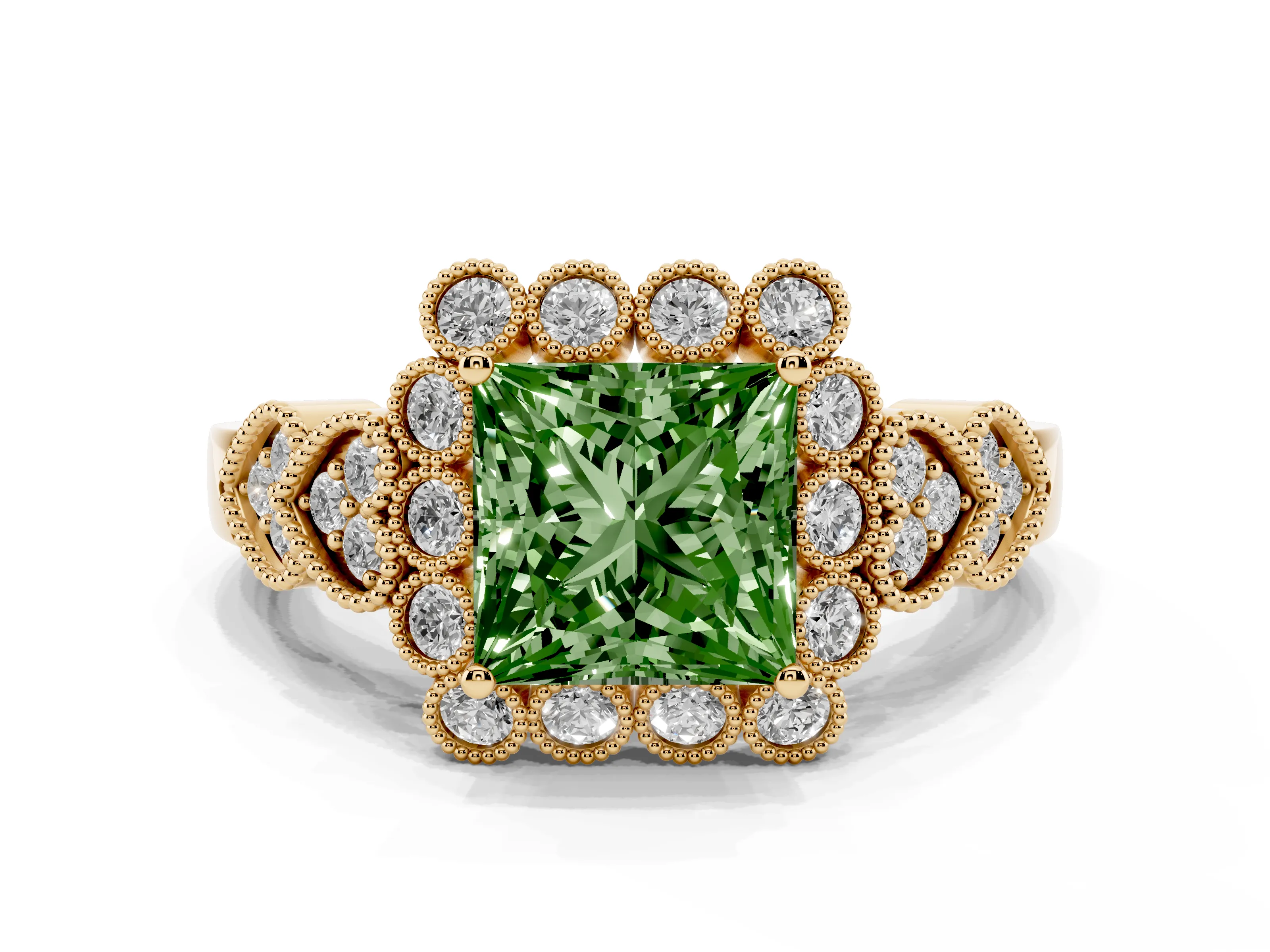 Fancy Green Princess Cut Diamond Solitaire Ring Set in Yellow gold with Milgrain Pavé Heart Band