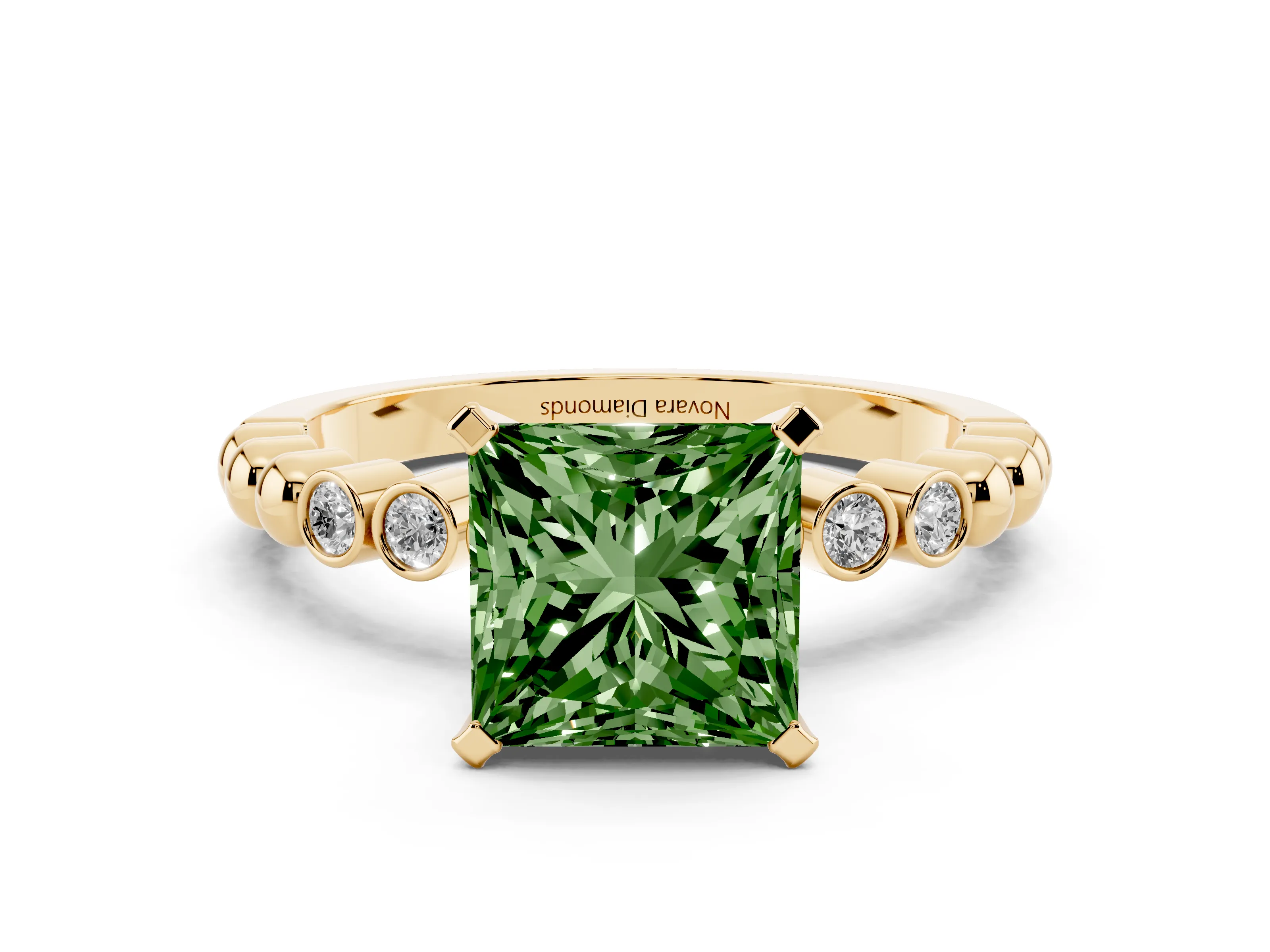 Fancy Green Princess Cut Diamond Solitaire Engagement Ring Set in Yellow gold with Bezel Accents on Beaded Band