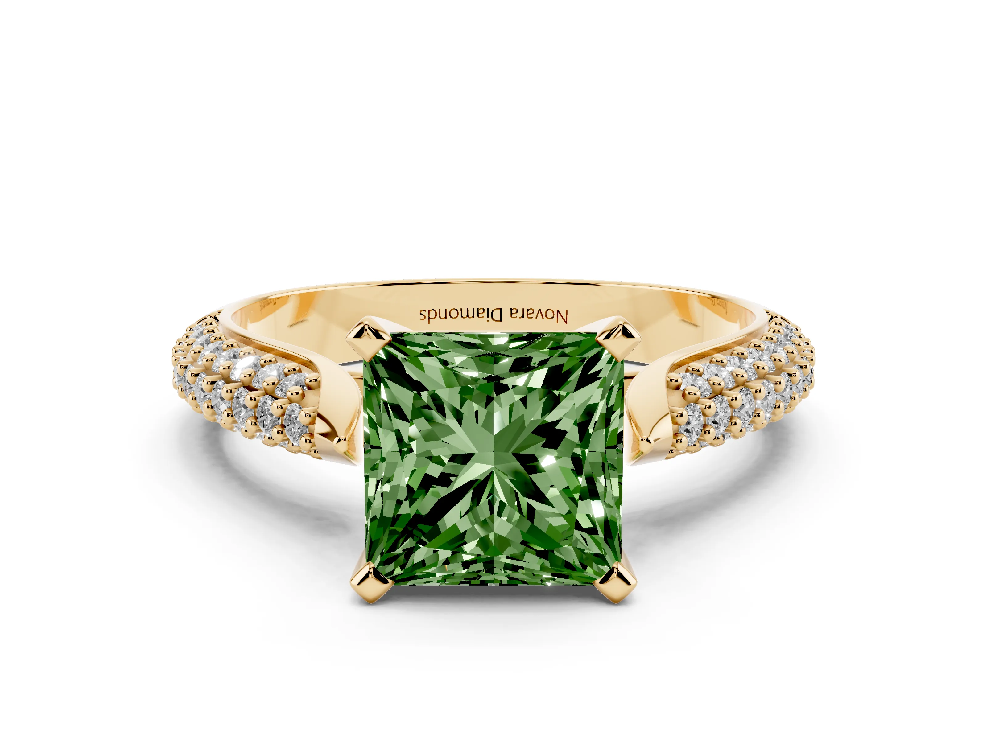 Fancy Green Princess Cut Diamond Solitaire Engagement Ring Set in Yellow gold with Multi-Row Round Pavé Band and Prong Setting