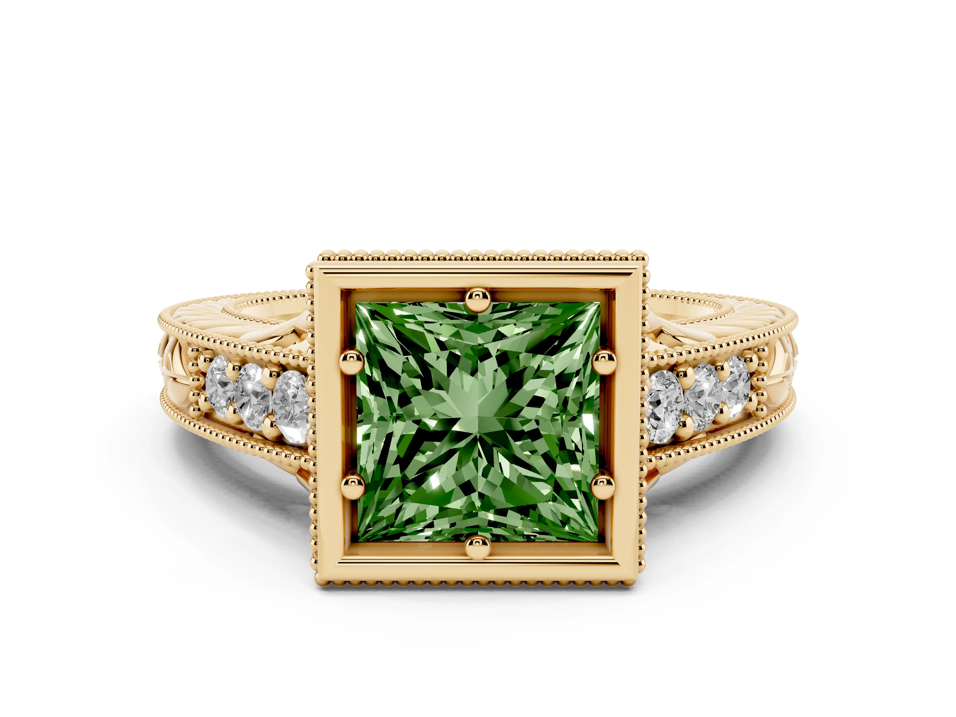 Fancy Green Bezel Set Princess Cut Diamond Milgrain Pavé Engagement Ring Set in Yellow gold