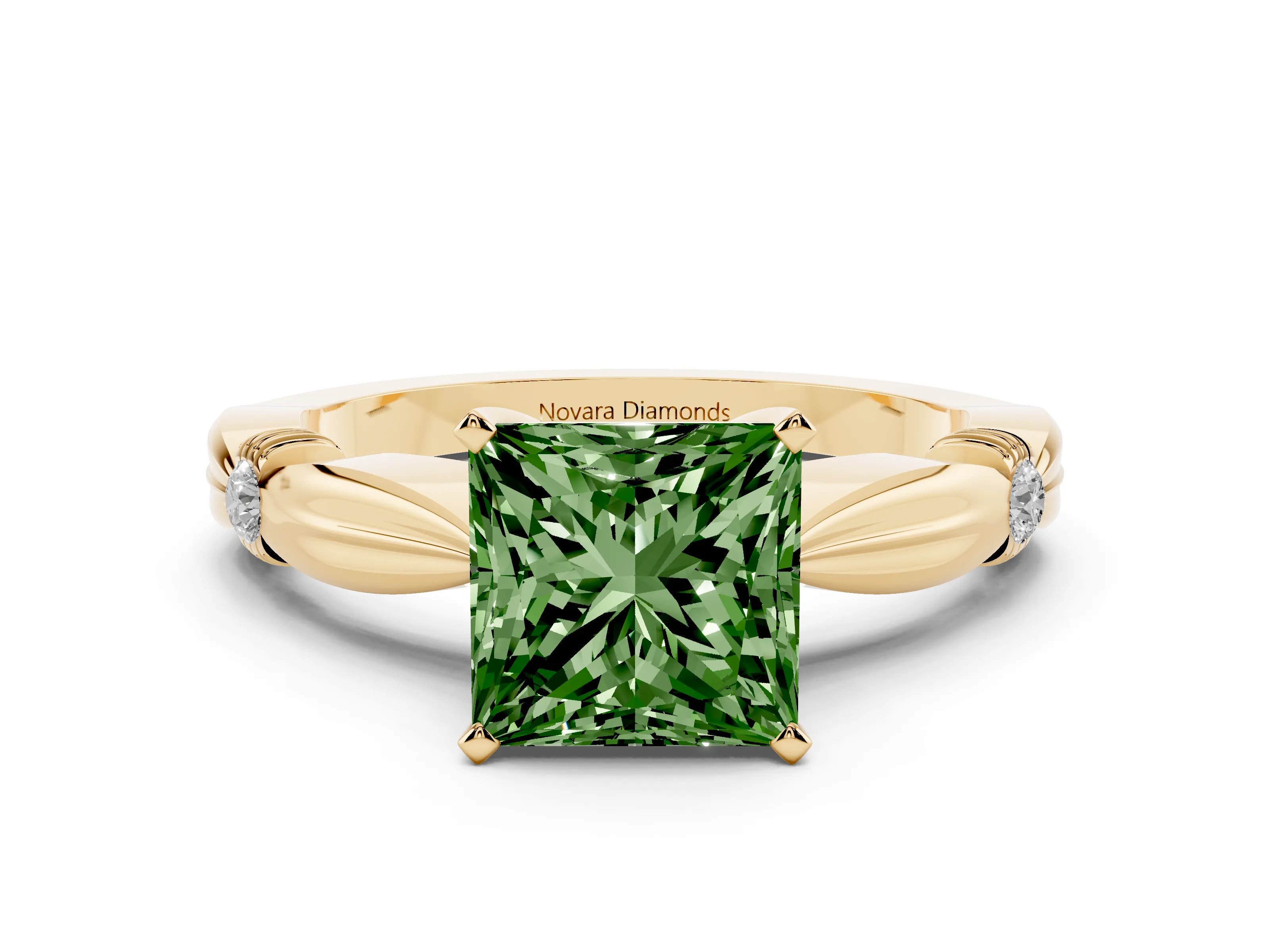 Fancy Green Princess Cut Diamond Solitaire Twisted Band Ring Set in Yellow gold with Accent Stones and Prong Setting