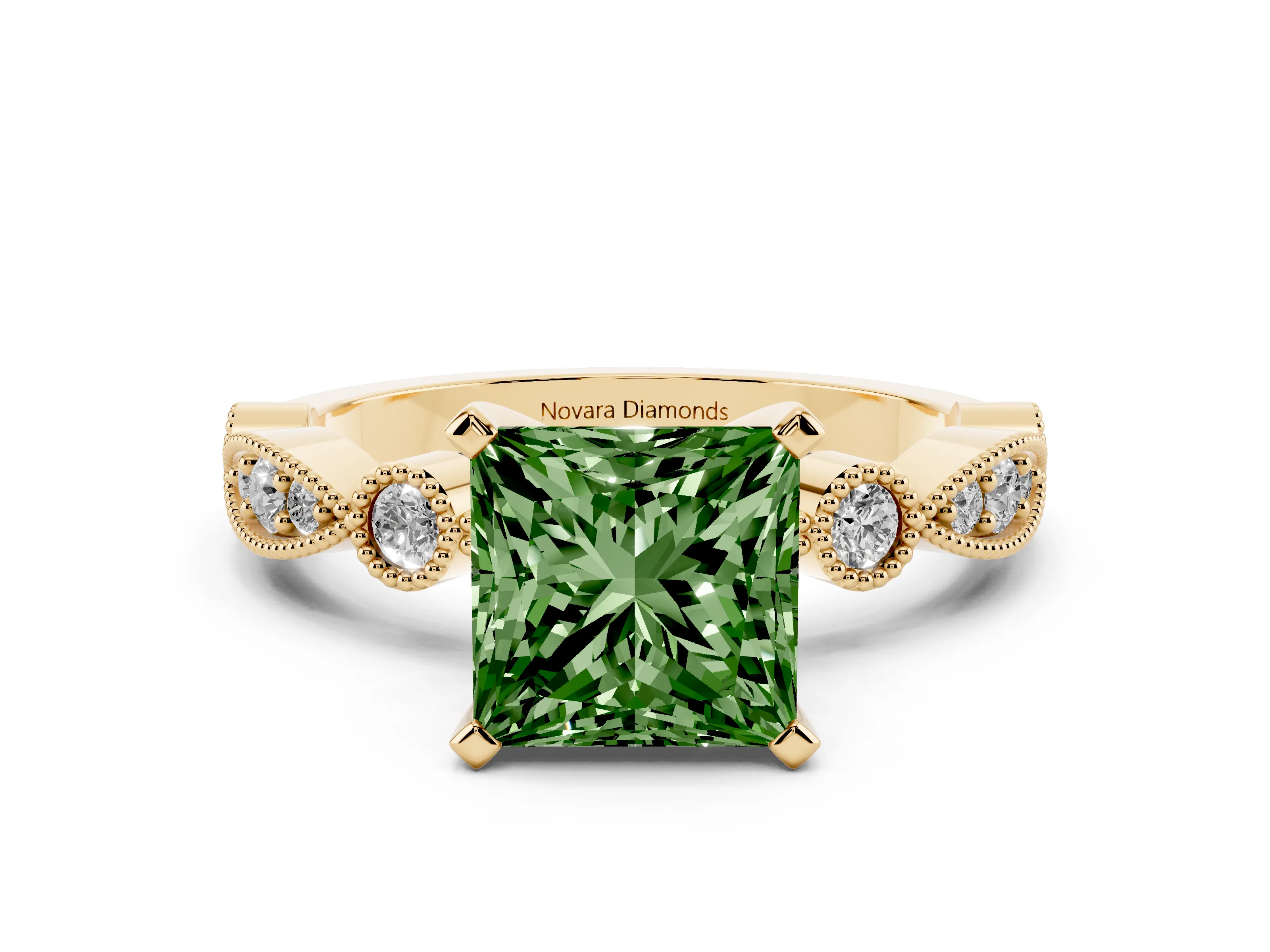 Fancy Green Princess Cut Diamond Solitaire Engagement Ring Set in Yellow gold with Milgrain Bezel Accent Band