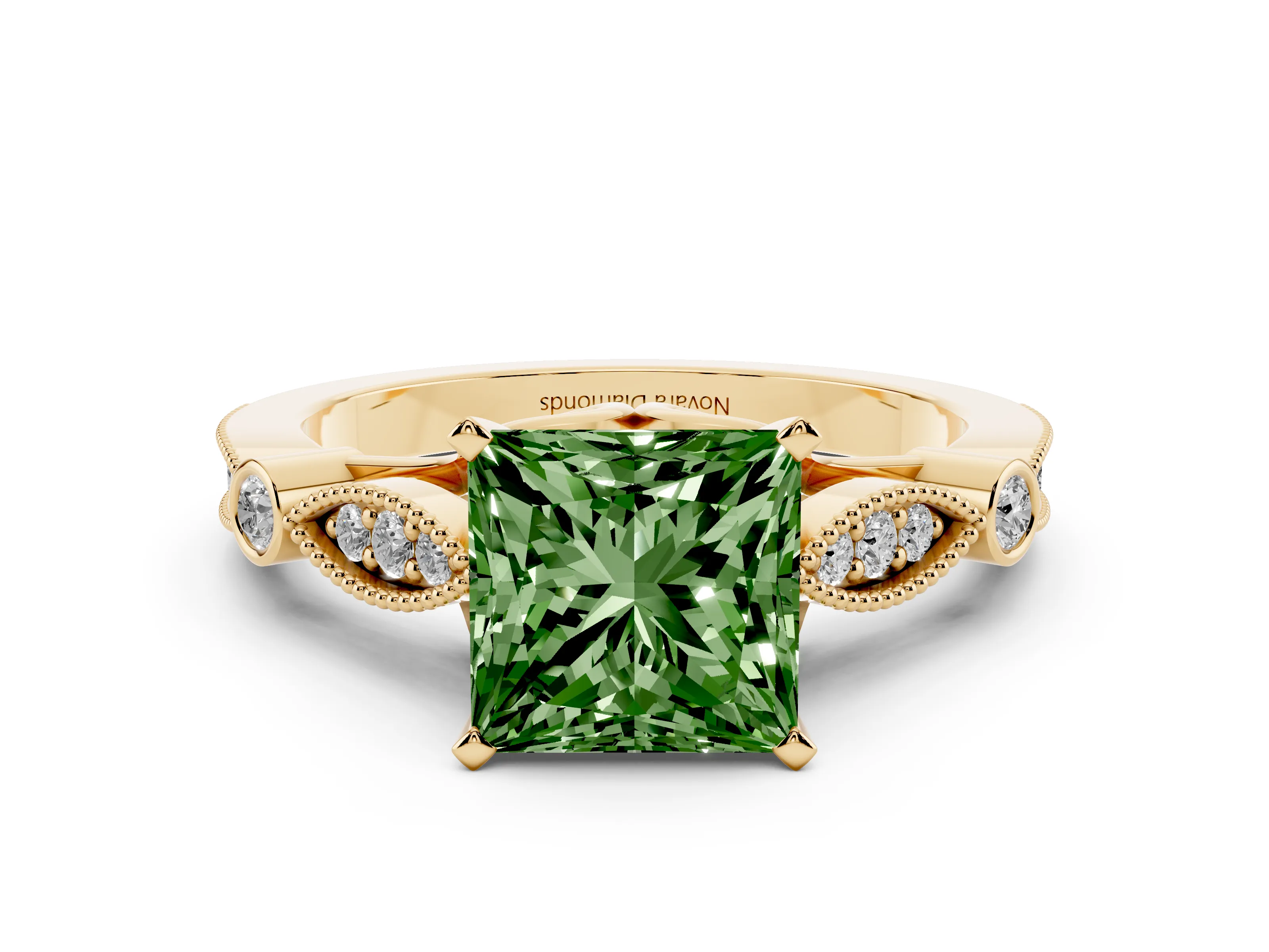 Fancy Green Princess Cut Diamond Solitaire Ring Set in Yellow gold with Milgrain Marquise and Bezel Accents