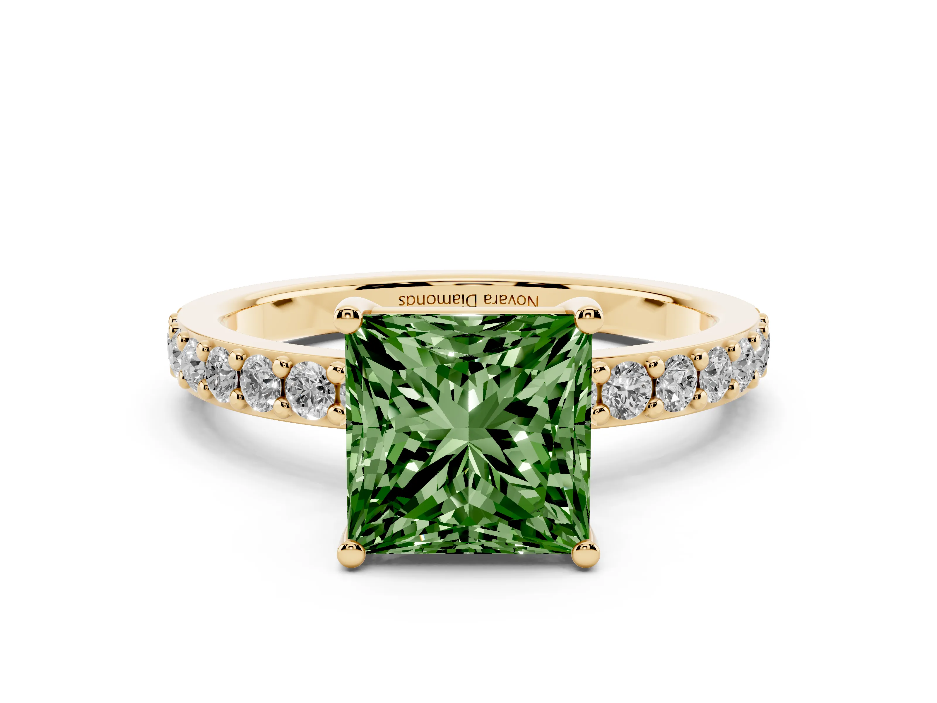 Fancy Green Princess Cut Diamond Solitaire Set in Yellow gold with Round Pavé Band and Prong Setting