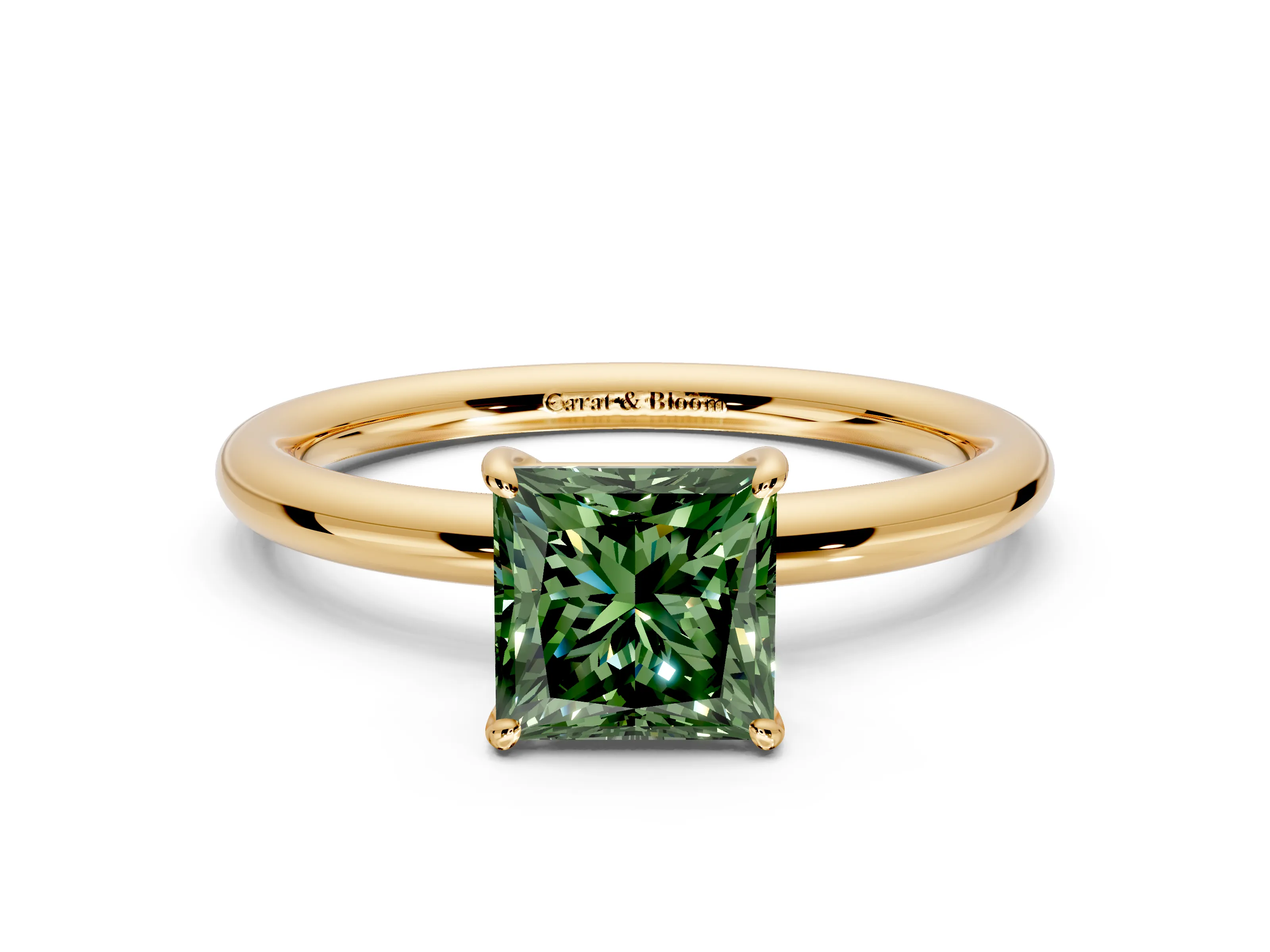 Low-Set Solitaire Engagement Ring Setting for Fancy Green Princess Cut Center with Thin Plain Band and Prong Head in Yellow Gold