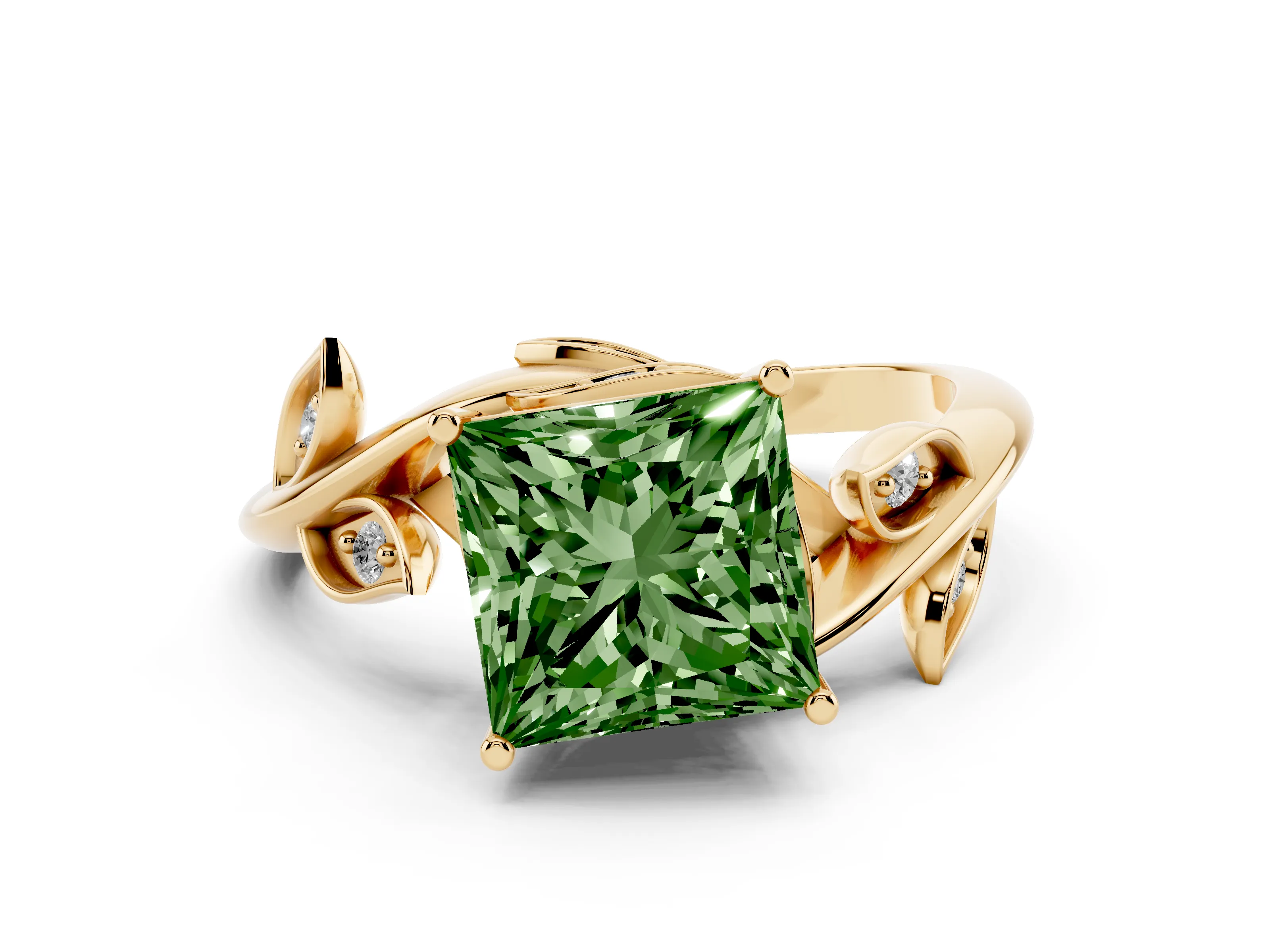 Fancy Green Princess Cut Diamond Solitaire Twist Engagement Ring Set in Yellow gold with Pavé Leaf Accents