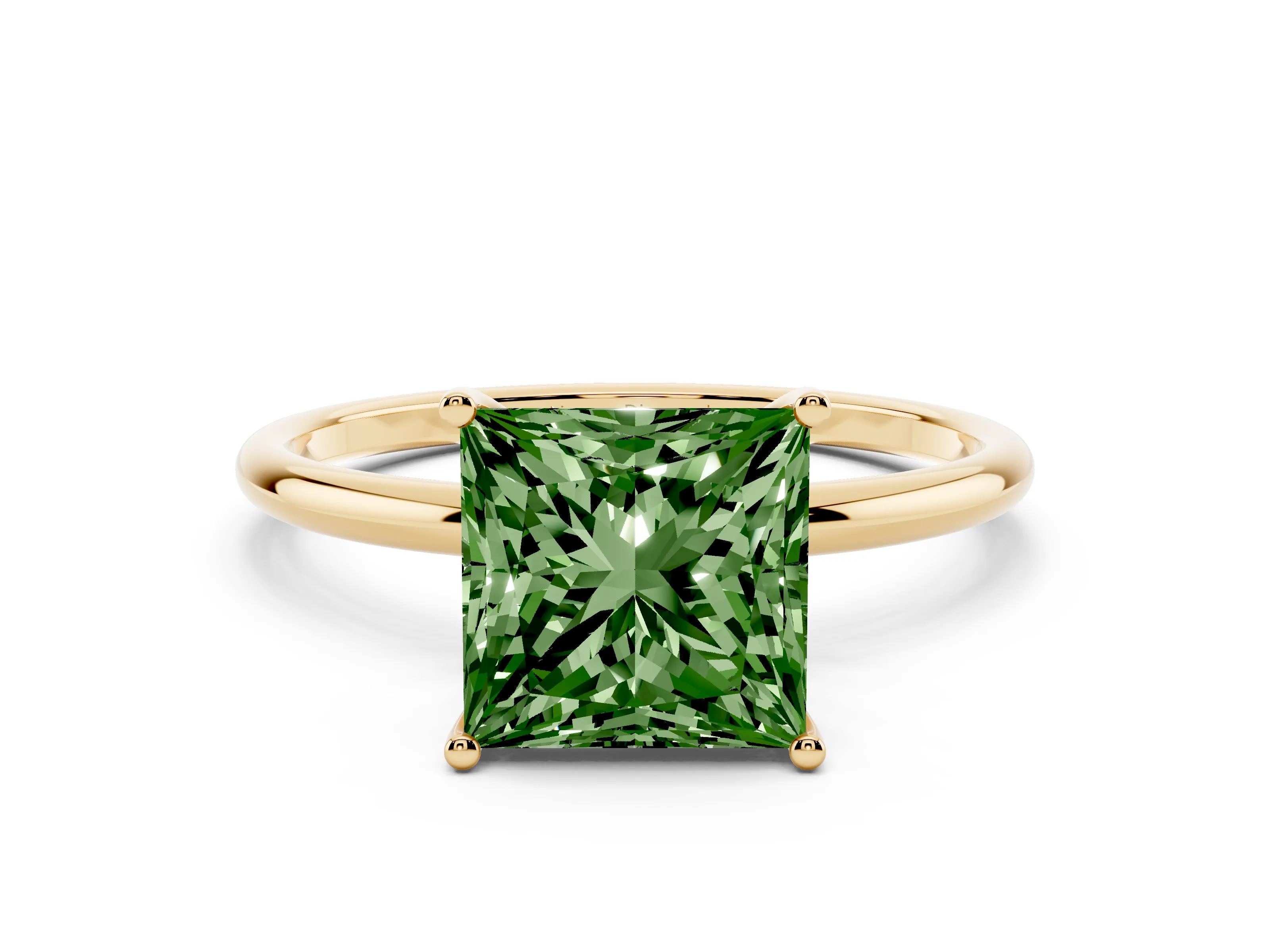 Fancy Green Princess Cut Diamond Solitaire Engagement Ring Set in Yellow gold with Thin Band and Prong Setting
