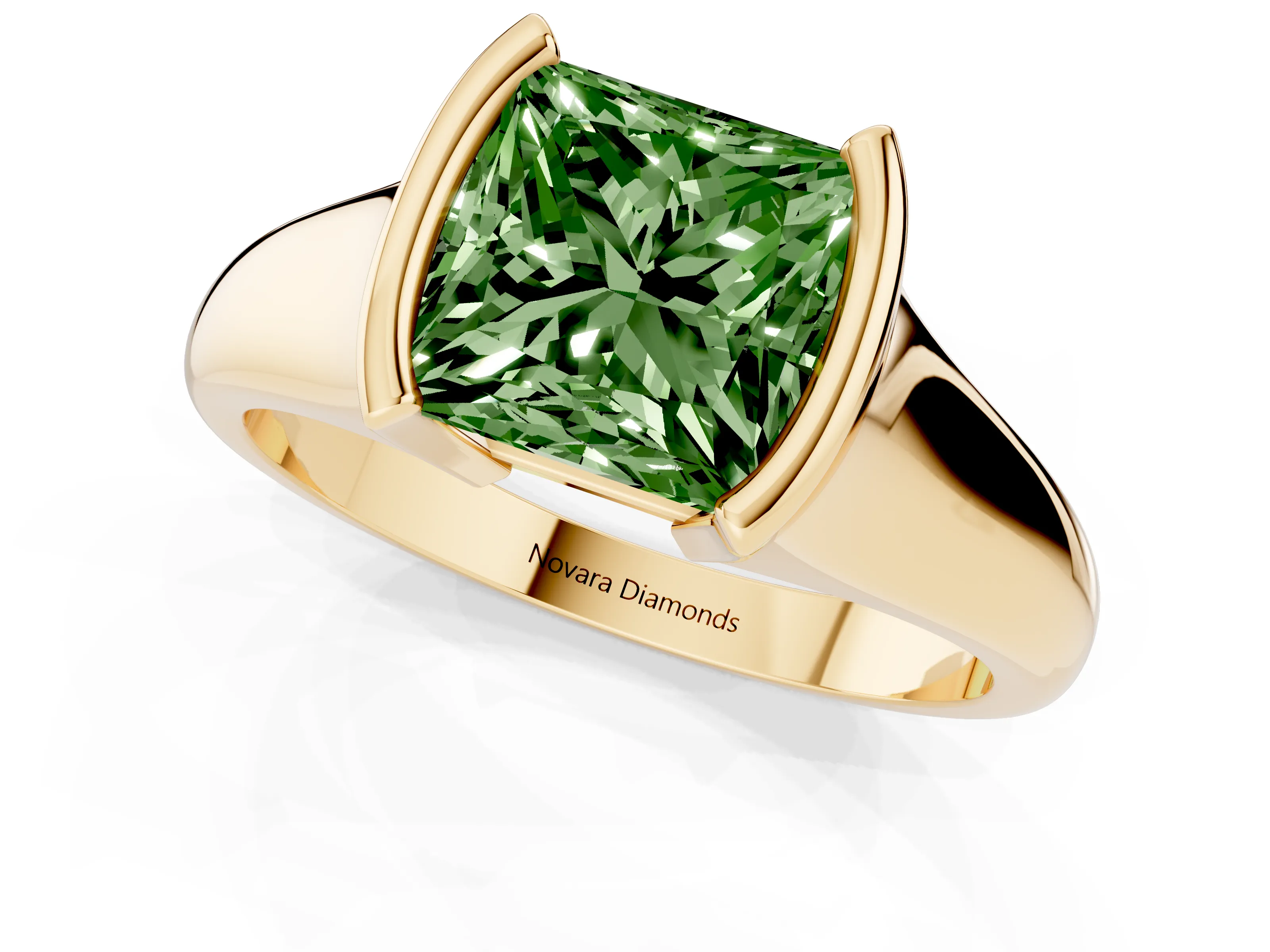 Fancy Green Princess Cut Diamond Solitaire Tension Set Ring Set in Yellow gold with Split Shank Band