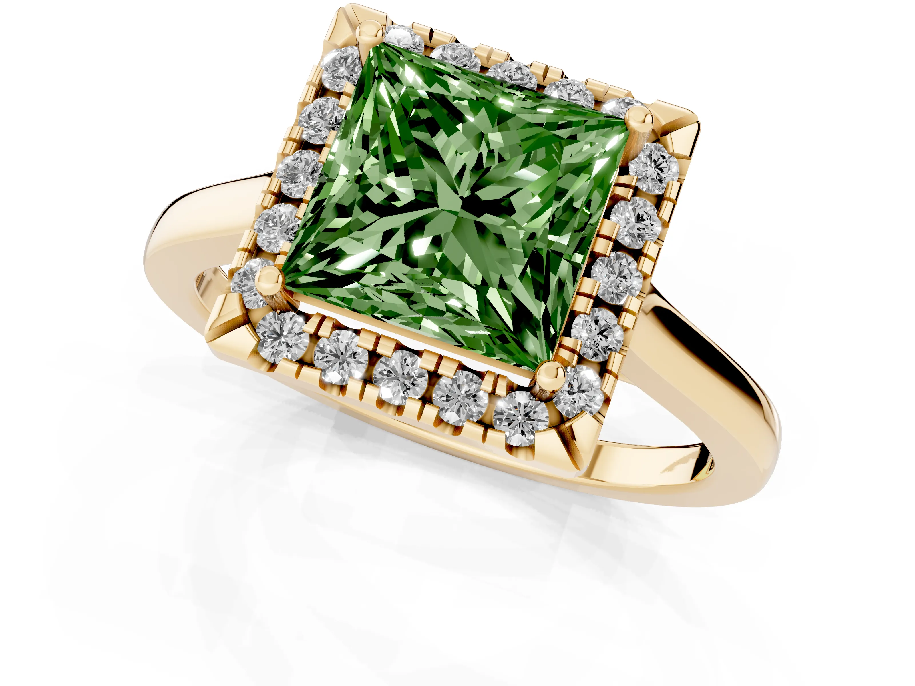 Fancy Green Princess Cut Halo Round Diamond Solitaire Ring Set in Yellow gold with Pavé Band and Prong Setting