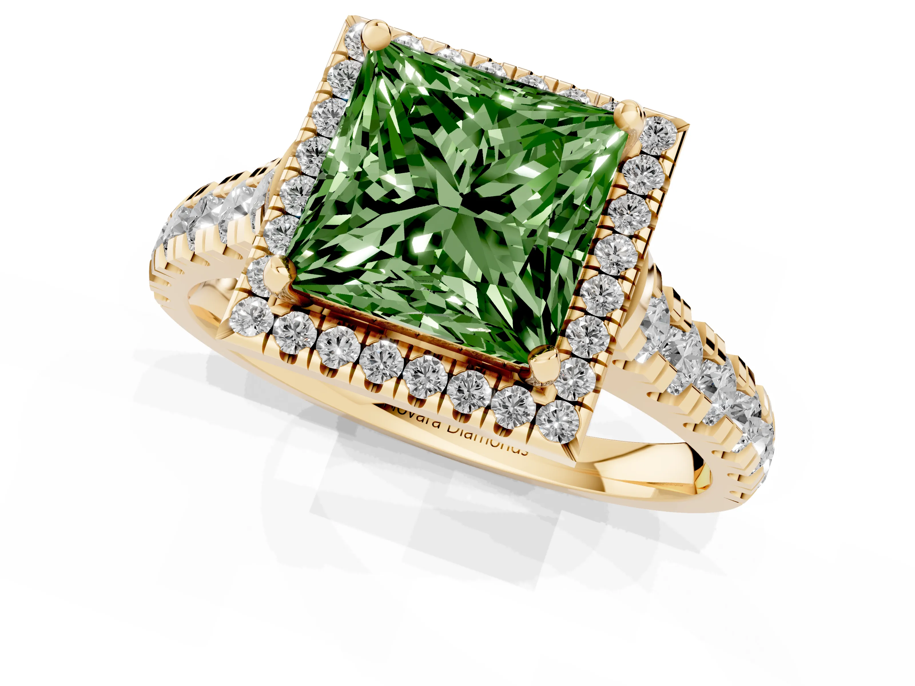 Fancy Green Princess Cut Diamond Halo Engagement Ring Set in Yellow gold with Pavé Band and Prong-Set Center
