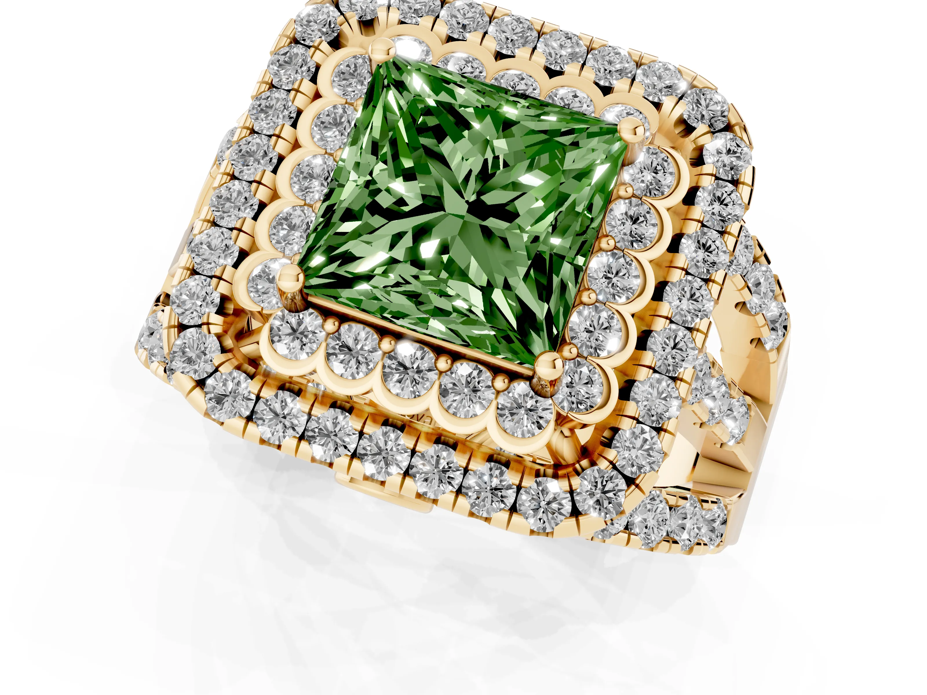 Fancy Green Princess Cut Diamond Double Halo Ring Set in Yellow gold with Round Pavé Split Shank