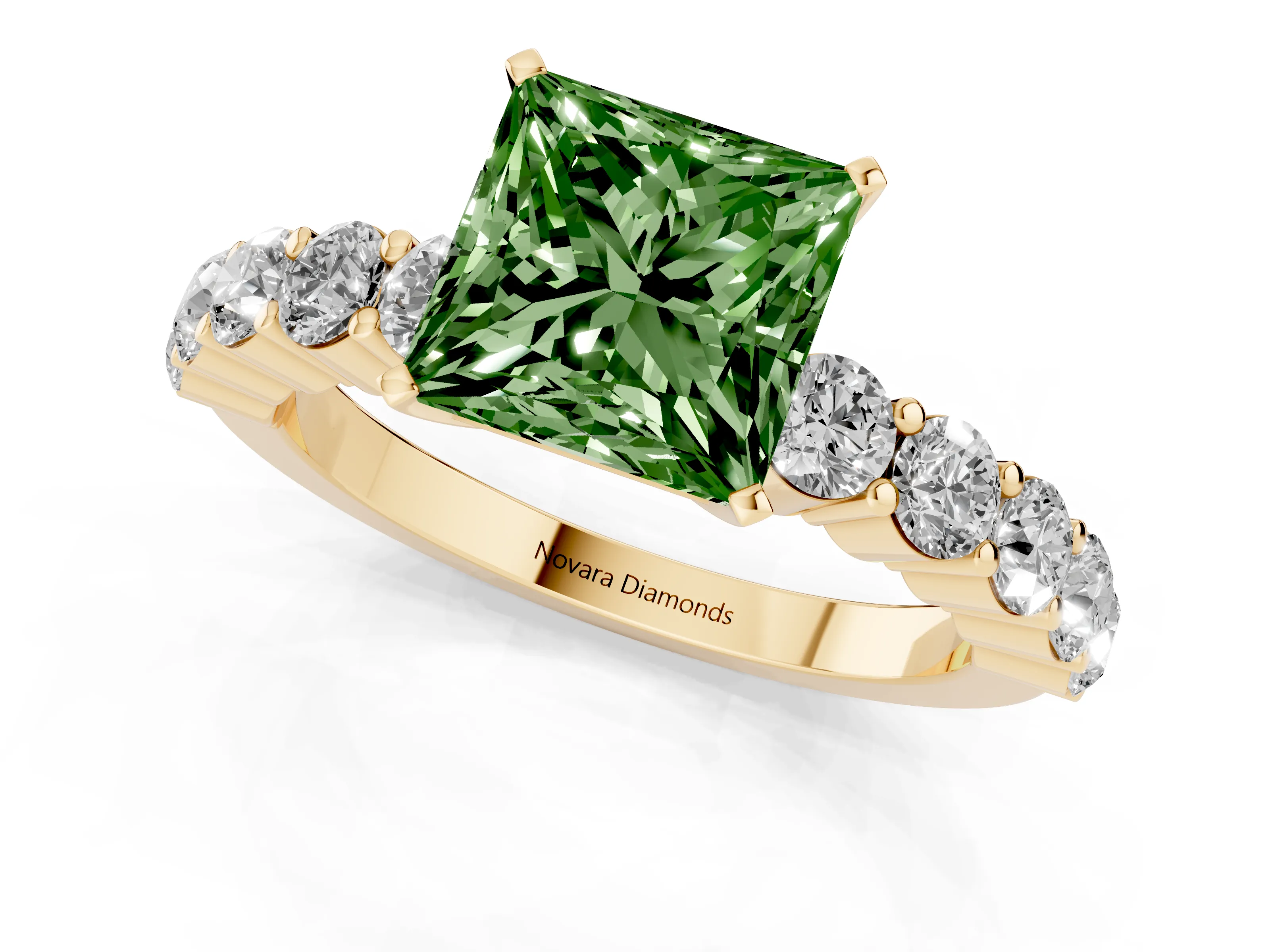 Fancy Green Princess Cut Diamond Solitaire Ring Set in Yellow gold with Shared Prong Round Side Stones