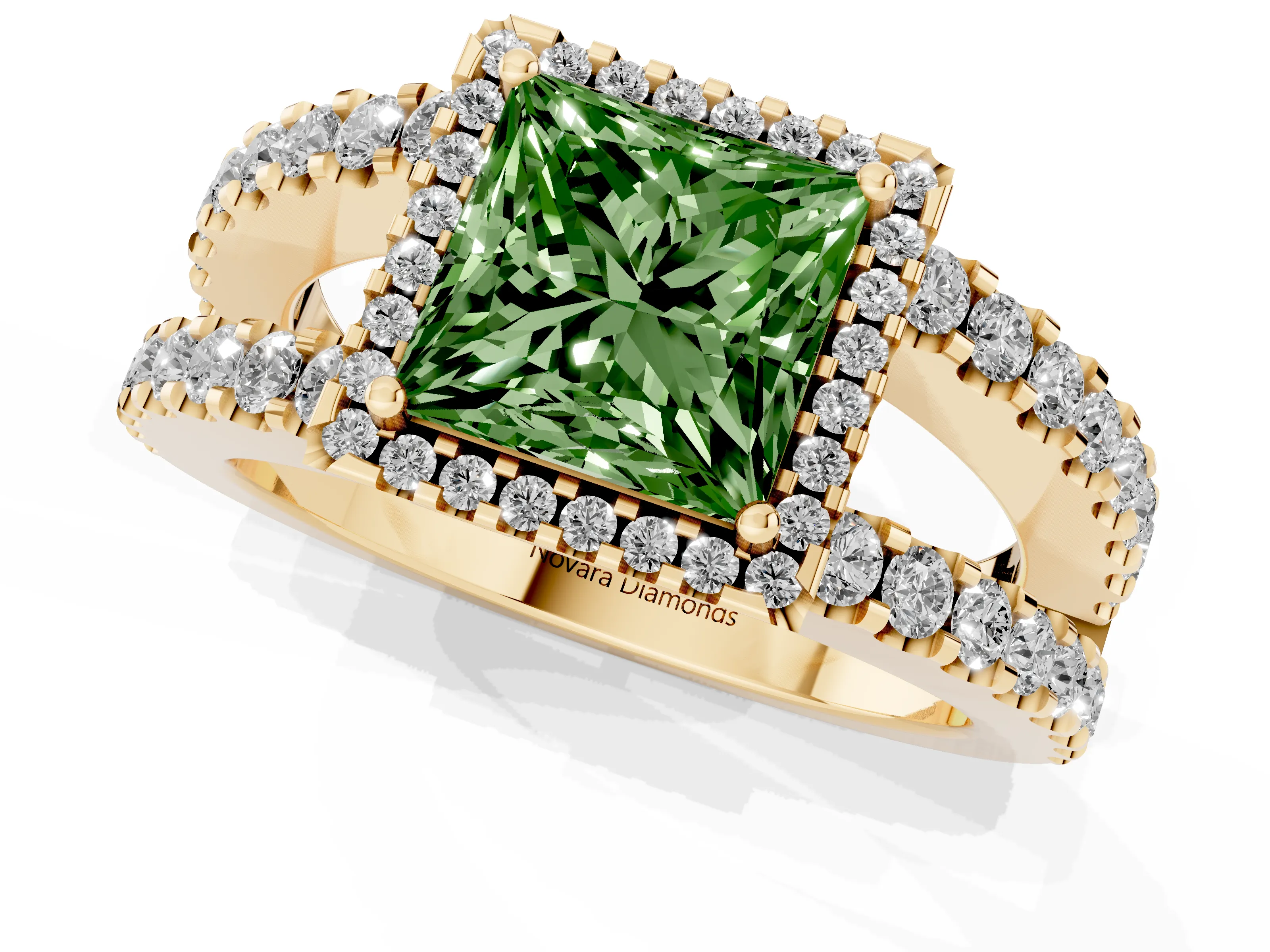 Fancy Green Princess Cut Diamond Halo Ring Set in Yellow gold with Pavé Split Shank and Prong Setting
